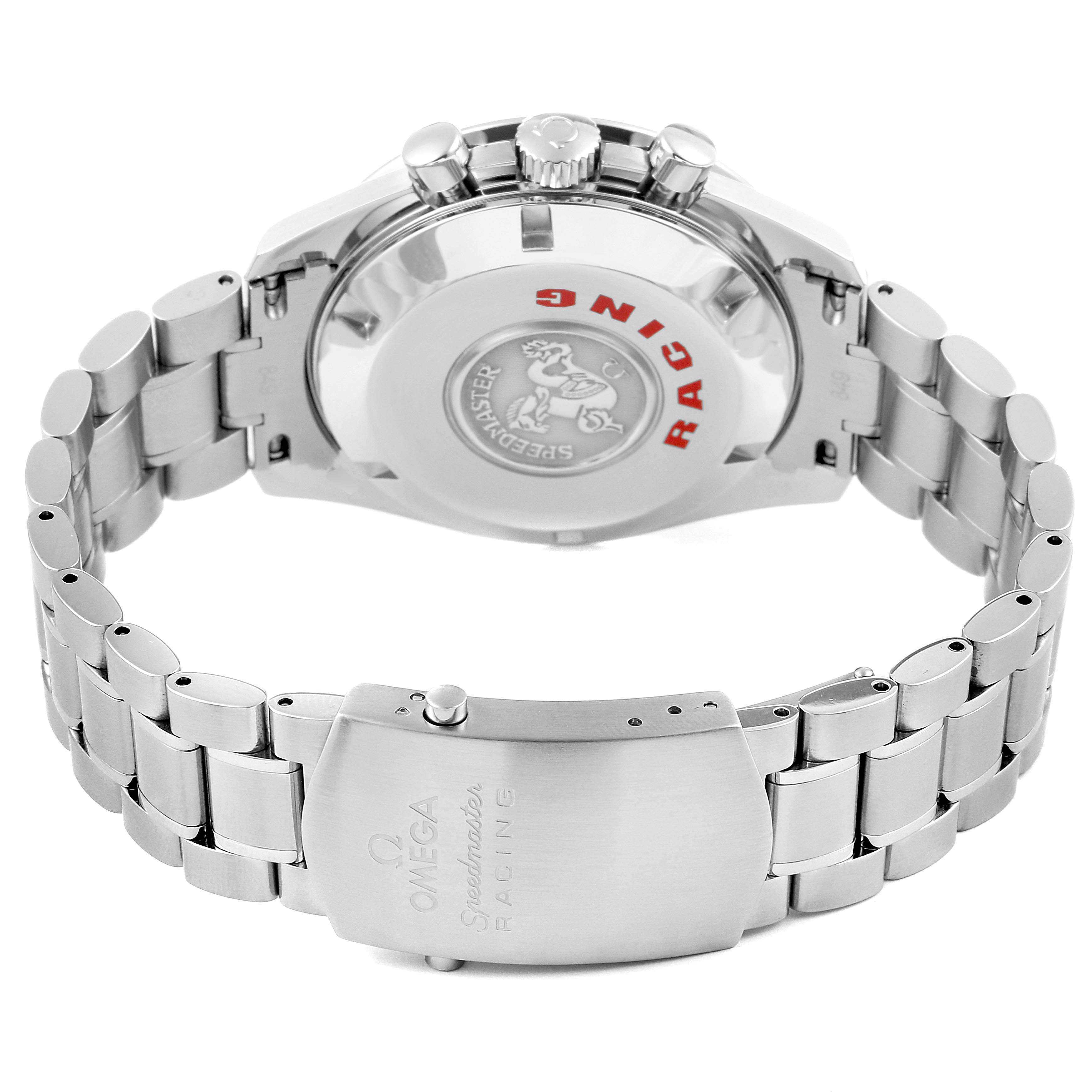 This image shows the back case, bracelet, and clasp of the Omega Speedmaster 3552.59.00 Men
s Stainless Steel Black Dial 3552.59.00 Men
s Stainless Steel Black Dial Racing watch, viewed from a rear angle.