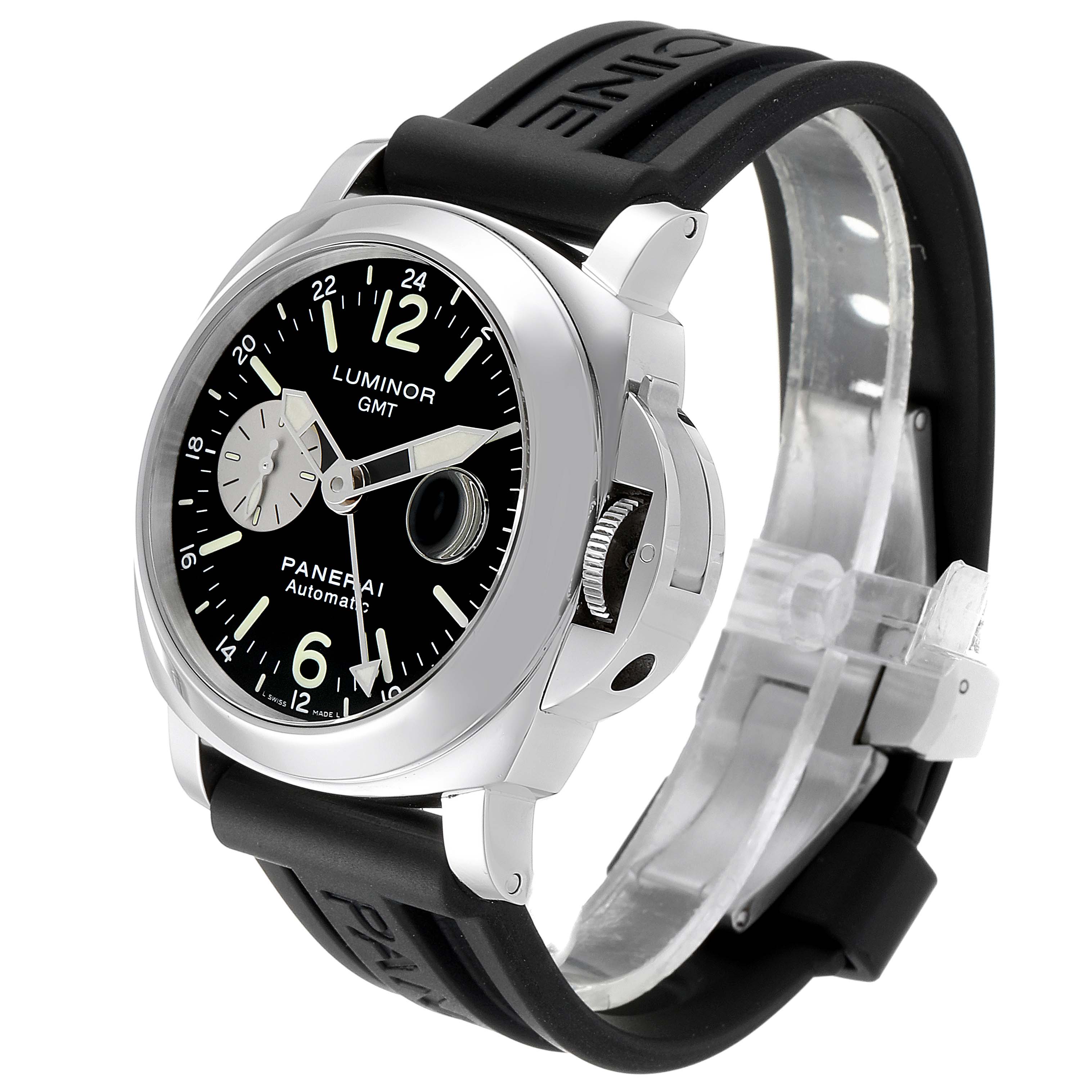 The image shows a Panerai Luminor PAM00088 Men
s Stainless Steel Black Dial PAM00088 Men
s Stainless Steel Black Dial watch from a three-quarter angle, highlighting its black strap, crown guard, and dial.