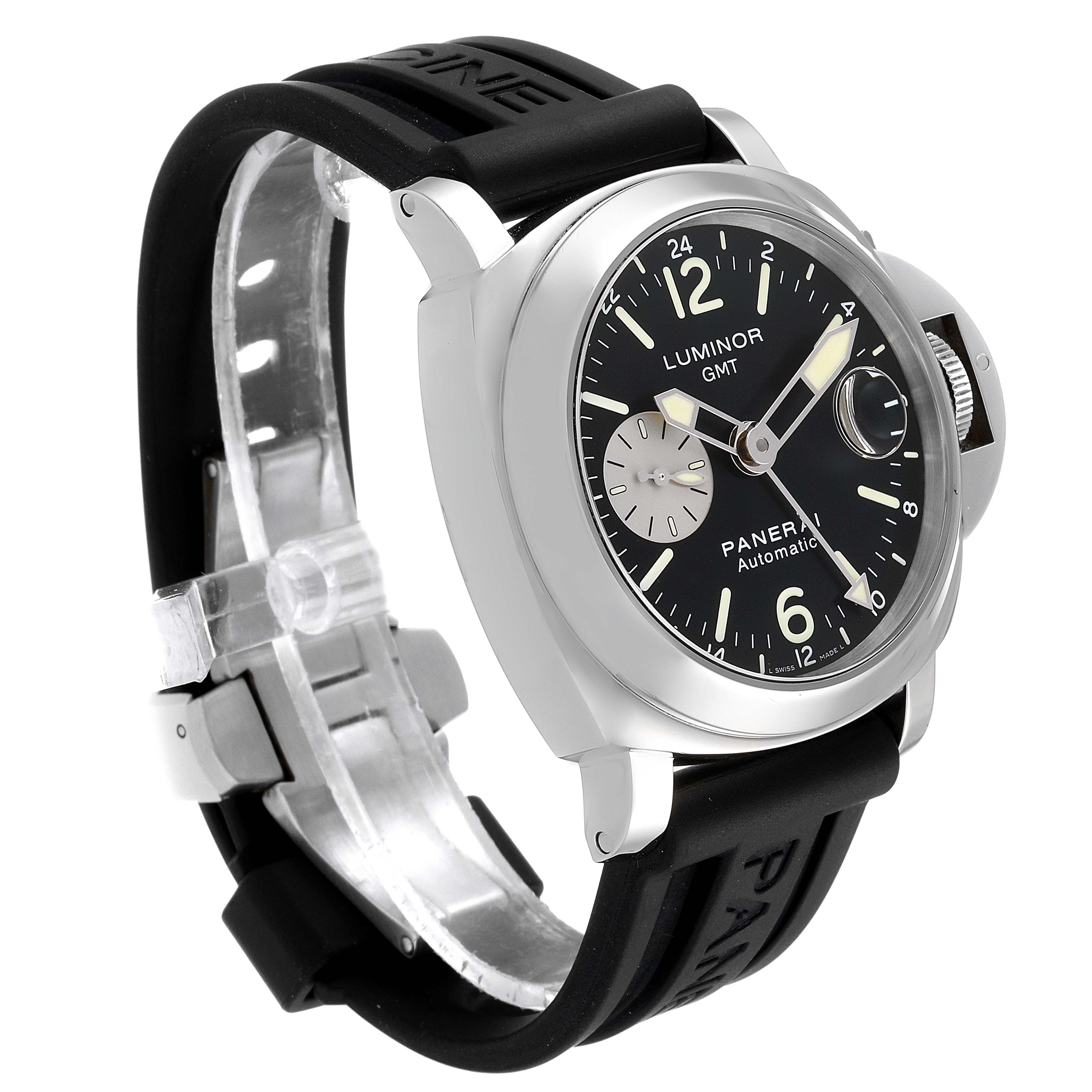 The image shows a Panerai Luminor PAM00088 Men
s Stainless Steel Black Dial PAM00088 Men
s Stainless Steel Black Dial GMT watch at a three-quarter angle, displaying the face, bezel, crown, and silicone strap.