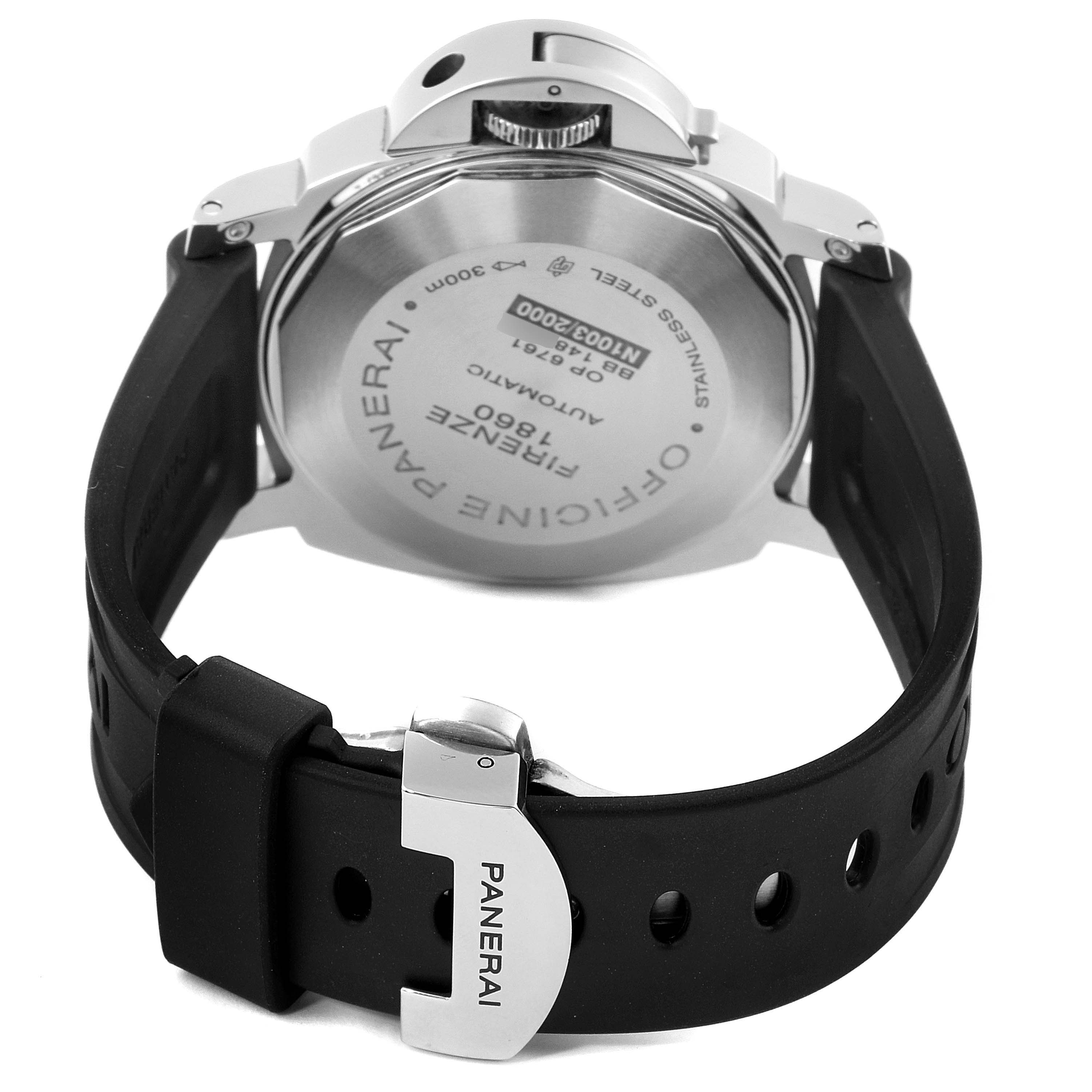 The image shows the back view of a Panerai Luminor PAM00088 Men
s Stainless Steel Black Dial PAM00088 Men
s Stainless Steel Black Dial watch, highlighting the case back, strap, and clasp.