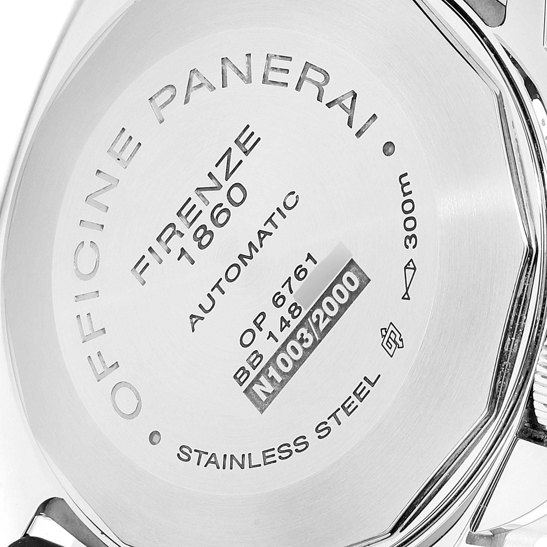 The image shows the case back of a Panerai Luminor PAM00088 Men
s Stainless Steel Black Dial PAM00088 Men
s Stainless Steel Black Dial watch, detailing its model, serial number, and water resistance.