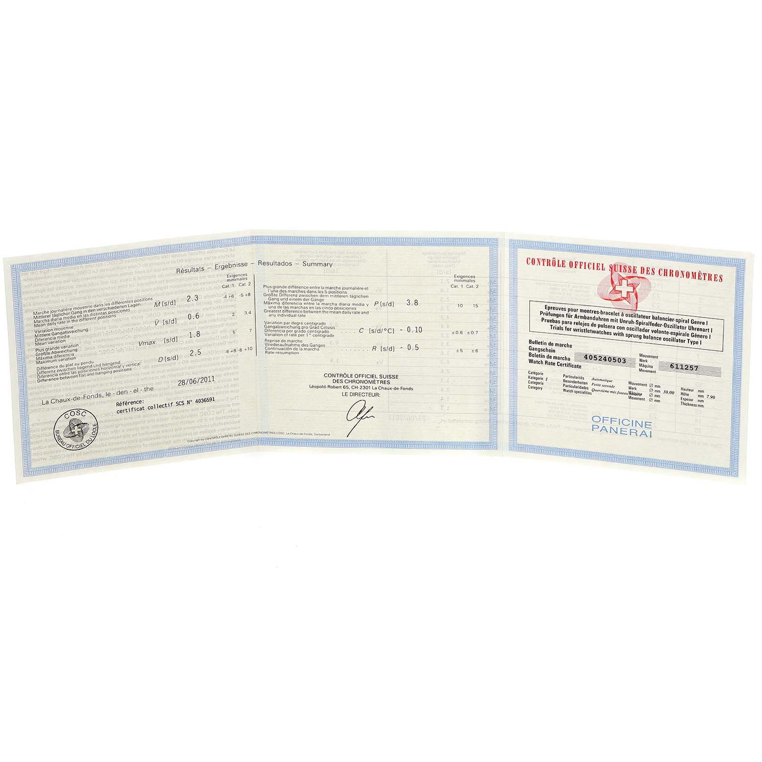 This image shows a certificate or documentation for the Luminor model by Panerai, displayed fully opened.