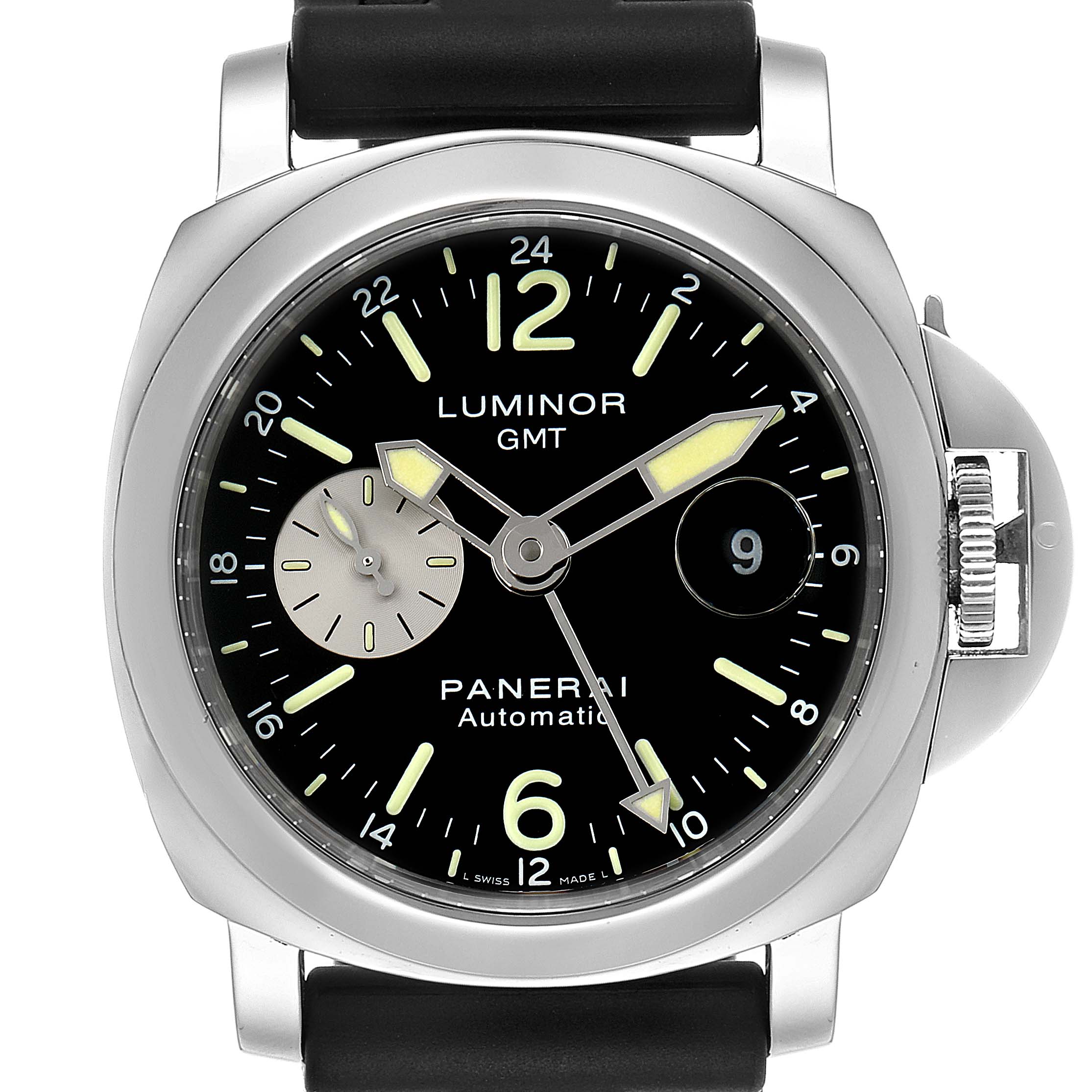 The image shows a front view of the Panerai Luminor PAM00088 Men
s Stainless Steel Black Dial PAM00088 Men
s Stainless Steel Black Dial watch, highlighting the dial, hands, markers, and crown guard.