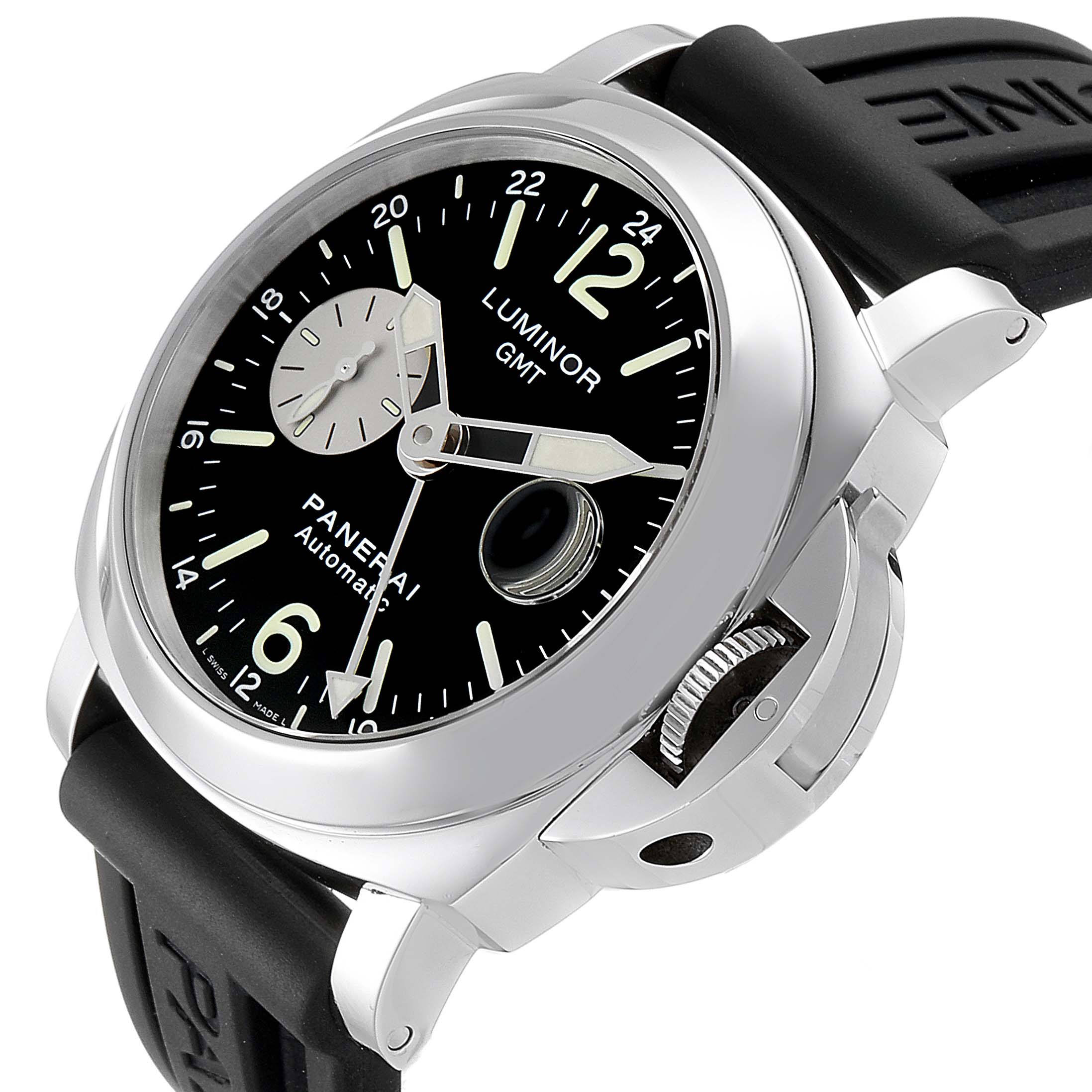 The image shows a Panerai Luminor PAM00088 Men
s Stainless Steel Black Dial PAM00088 Men
s Stainless Steel Black Dial watch at an angled view highlighting the casing, dial, crown guard, and rubber strap.