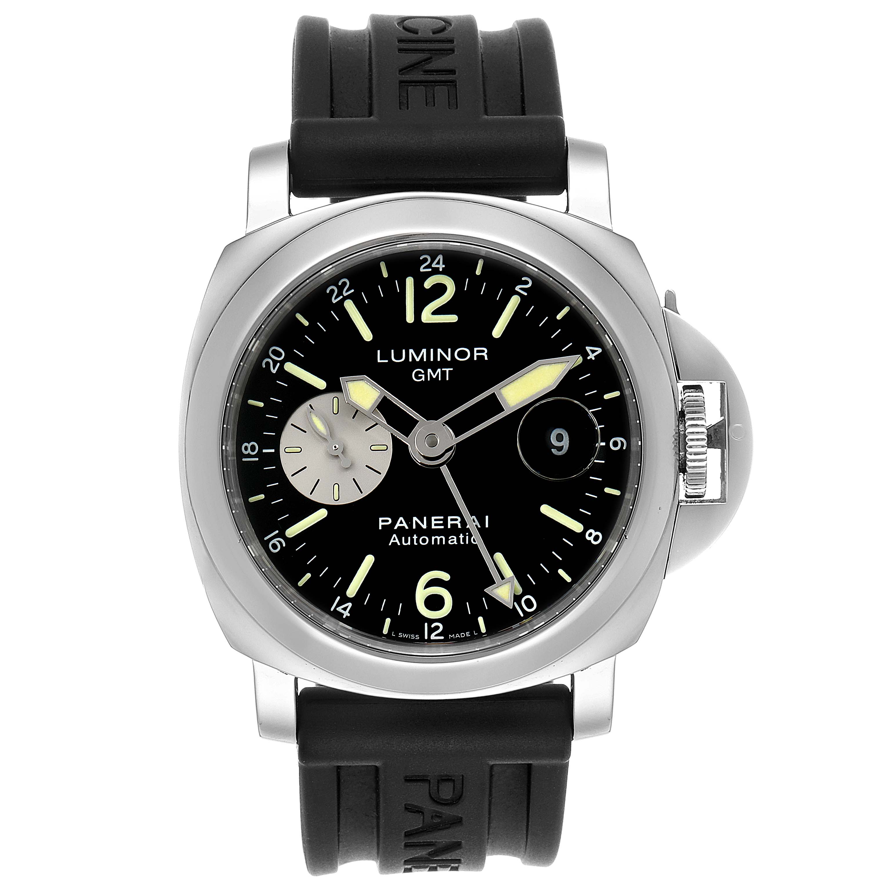 This image shows a front view of a Panerai Luminor PAM00088 Men
s Stainless Steel Black Dial PAM00088 Men
s Stainless Steel Black Dial GMT watch displaying its dial, bezel, crown guard, and rubber strap.