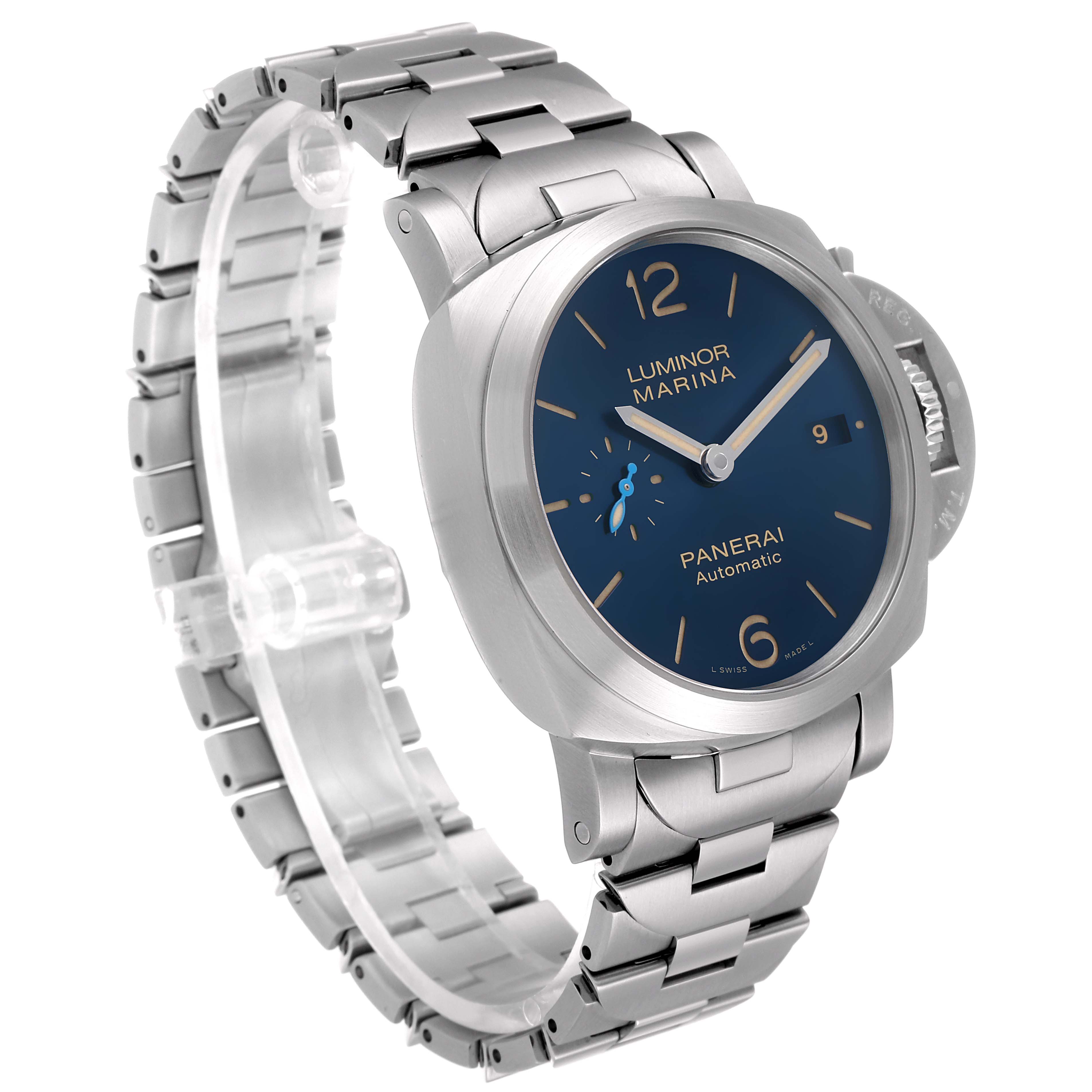 This image shows a Panerai Luminor PAM01028  Men's Stainless Steel Blue Dial PAM01028  Men's Stainless Steel Blue Dial model watch at a slight left front angle, highlighting the stainless steel bracelet and blue dial.