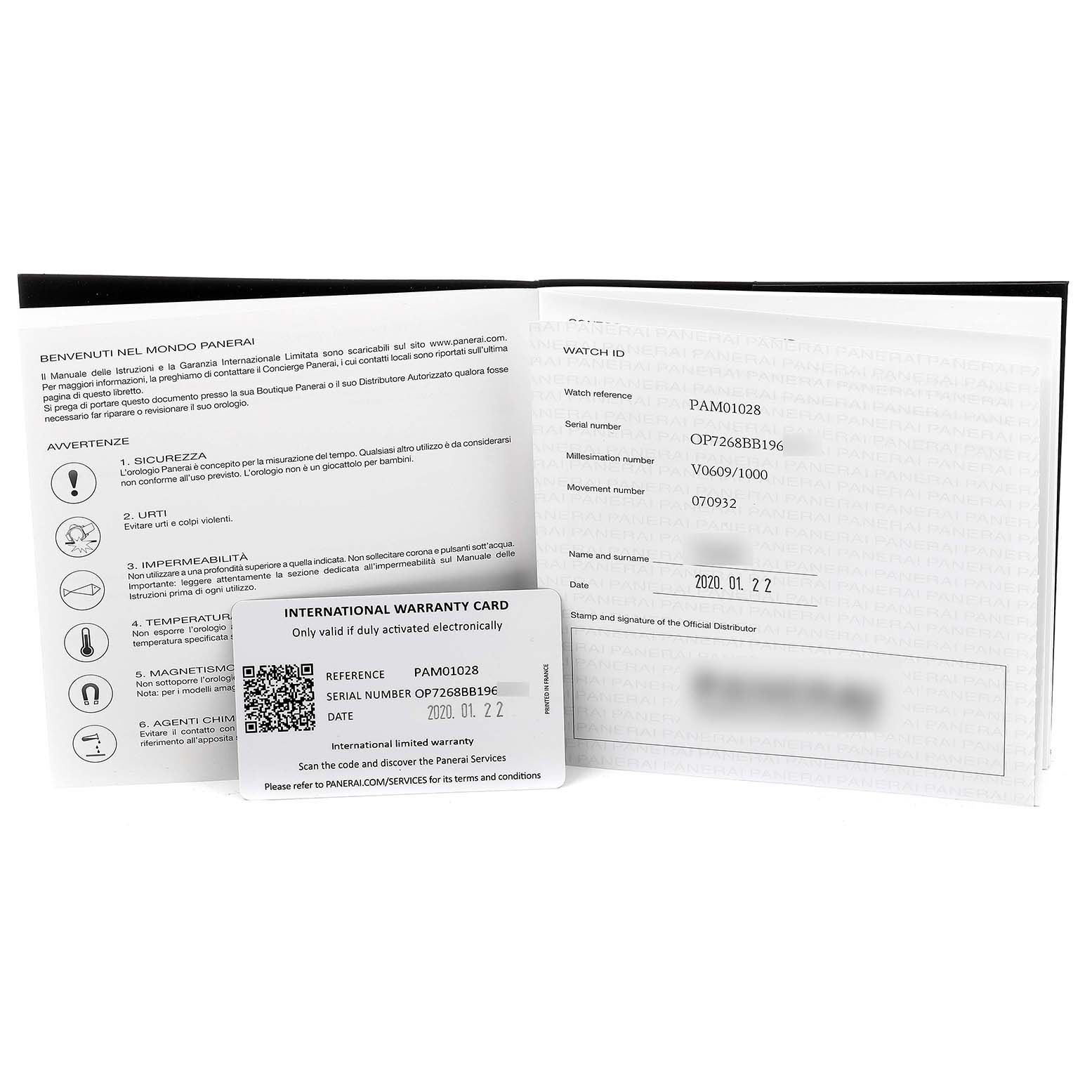 The image shows warranty cards and documentation for a Panerai Luminor PAM01028  Men's Stainless Steel Blue Dial PAM01028  Men's Stainless Steel Blue Dial model, viewed at an angle.