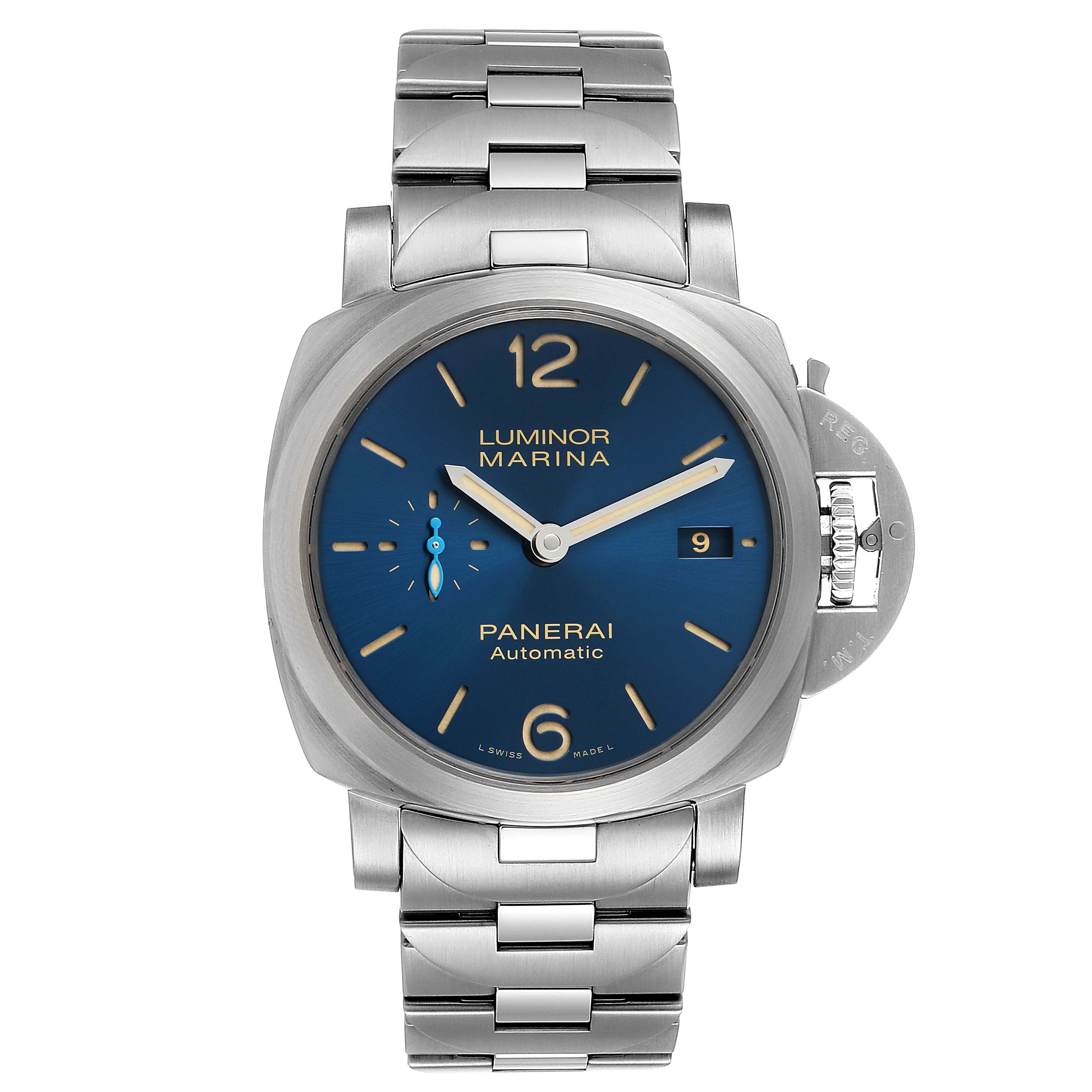The image displays a front view of a Panerai Luminor PAM01028  Men's Stainless Steel Blue Dial PAM01028  Men's Stainless Steel Blue Dial Marina watch with a blue dial and metal bracelet strap.