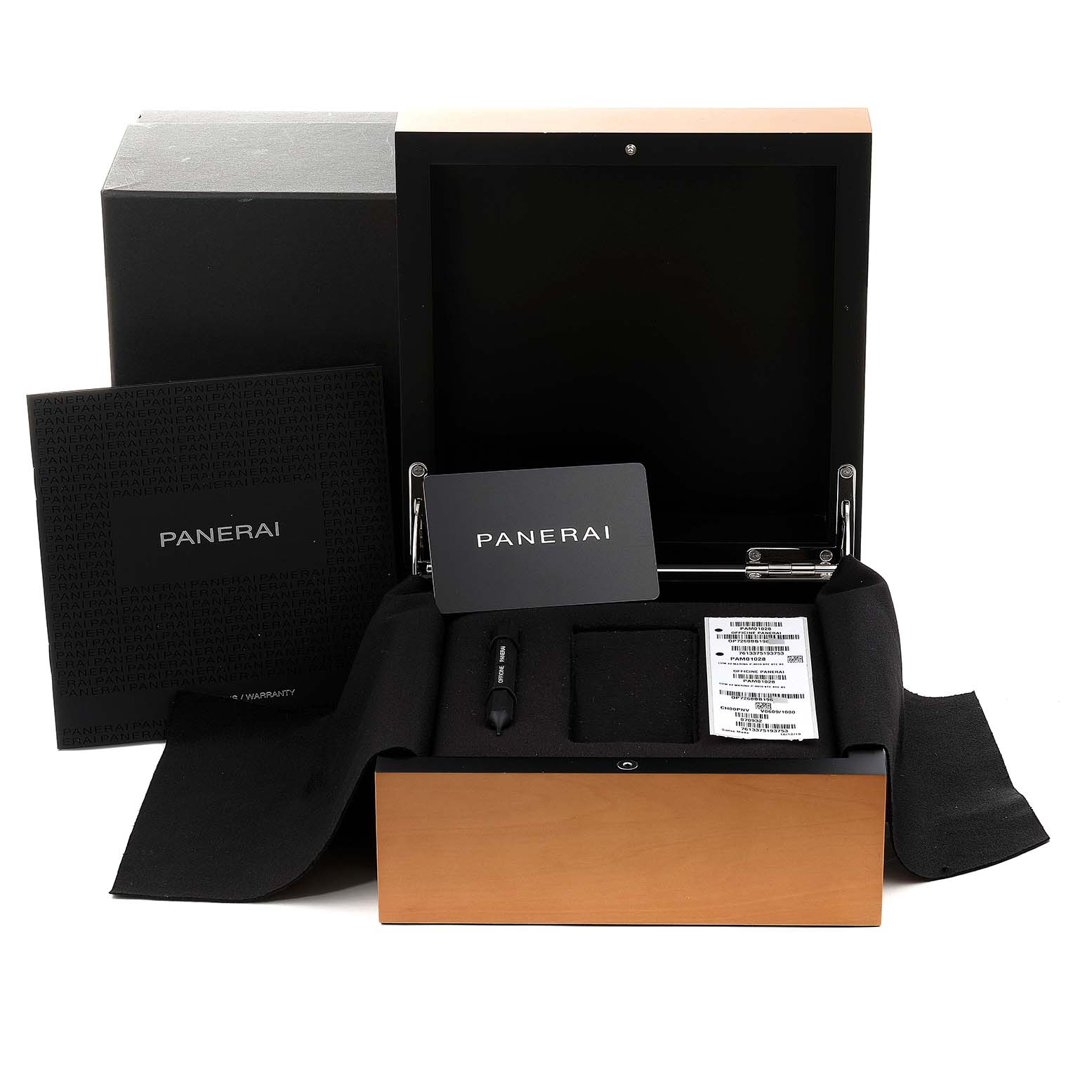 This image shows the packaging and accessories, including a box, card, and tool, for a Panerai Luminor PAM01028  Men's Stainless Steel Blue Dial PAM01028  Men's Stainless Steel Blue Dial model watch.