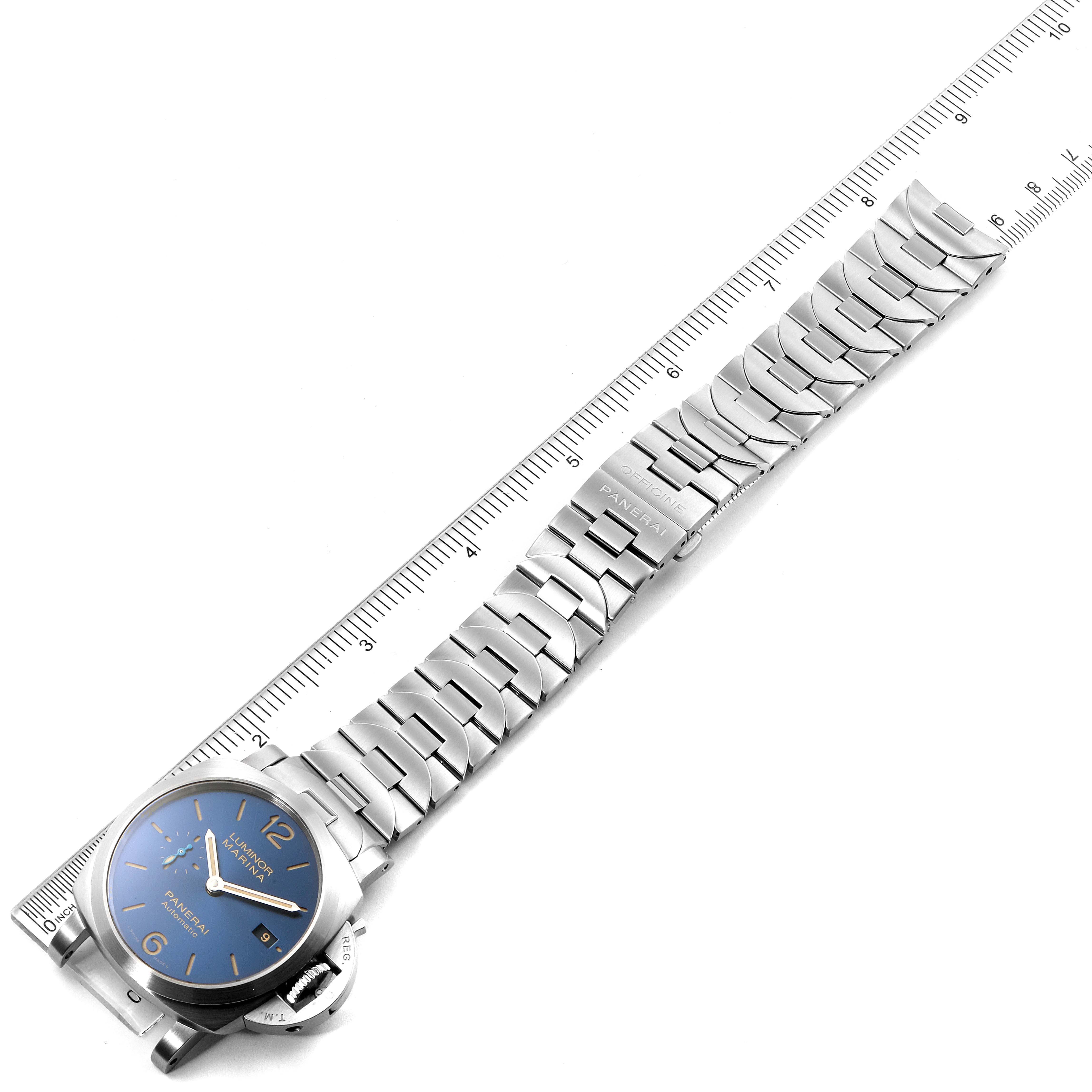 The image shows a Panerai Luminor PAM01028  Men's Stainless Steel Blue Dial PAM01028  Men's Stainless Steel Blue Dial watch from a top-down angle, highlighting its stainless steel strap and blue dial.