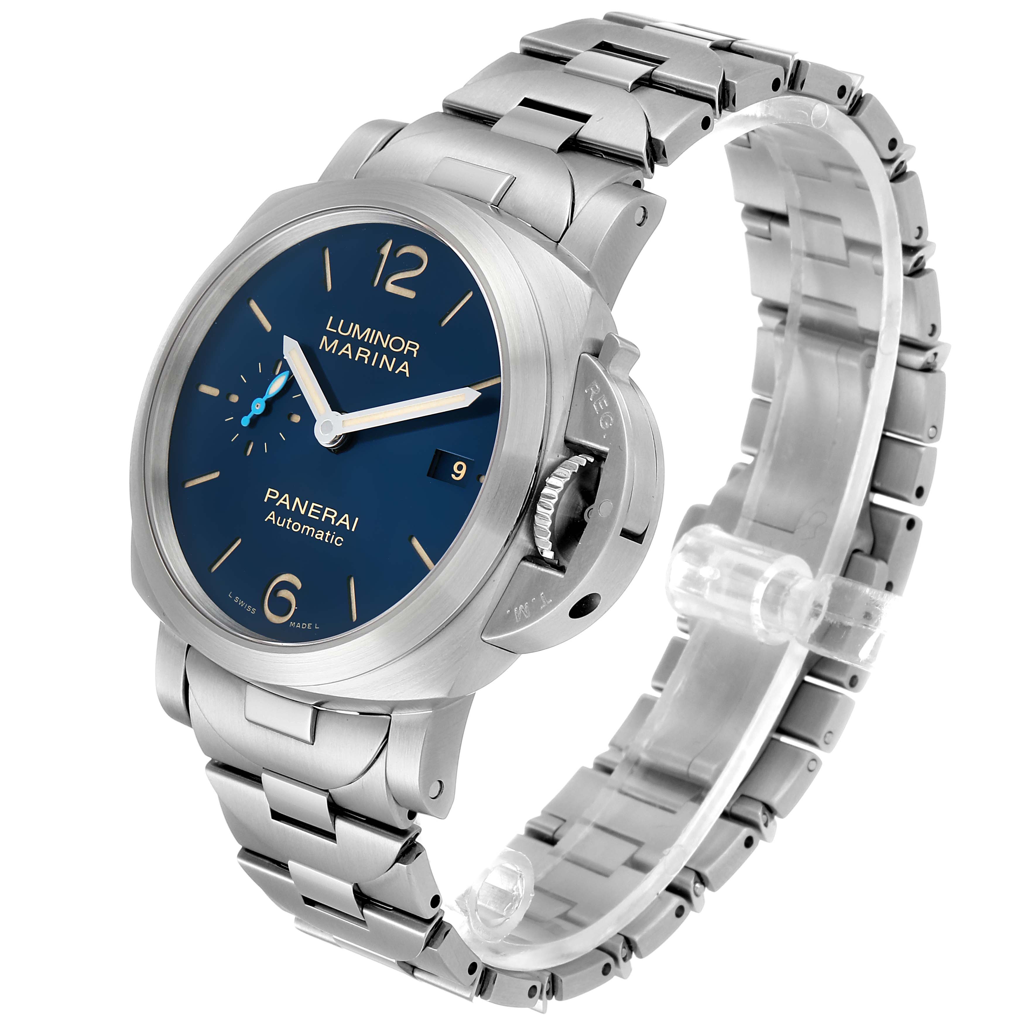 The Panerai Luminor PAM01028  Men's Stainless Steel Blue Dial PAM01028  Men's Stainless Steel Blue Dial watch is shown at a slight angle, displaying the face, crown guard, and metal bracelet.