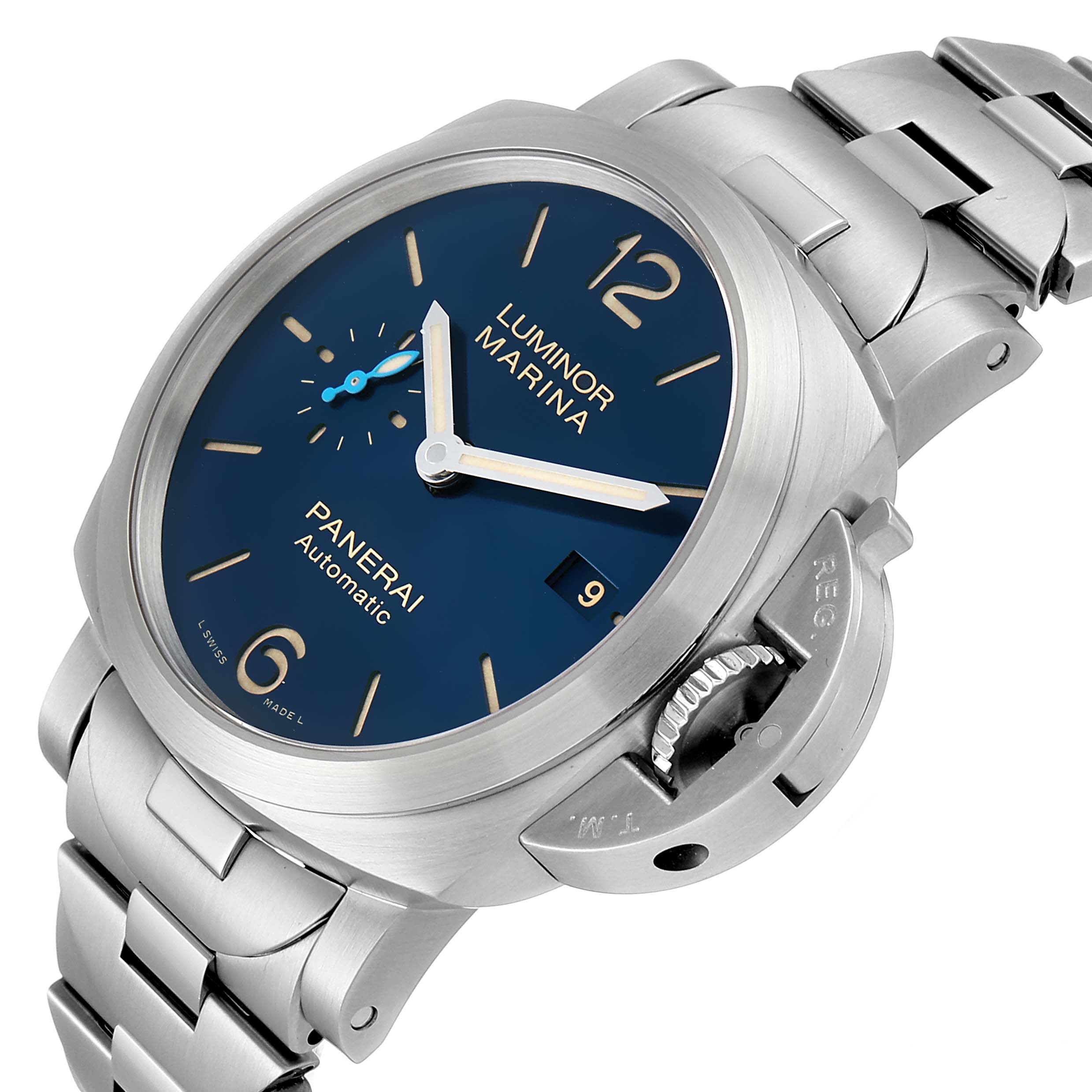 The image shows a Panerai Luminor PAM01028  Men's Stainless Steel Blue Dial PAM01028  Men's Stainless Steel Blue Dial Marina watch at a three-quarter angle, highlighting its blue dial, case, crown guard, and stainless steel bracelet.