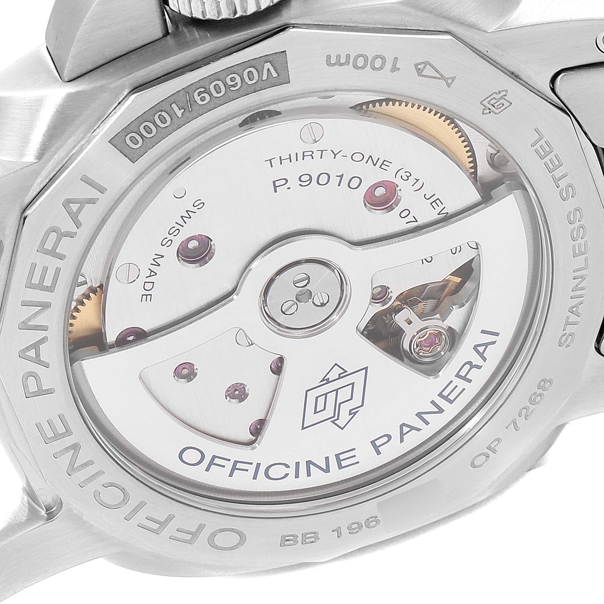 The image shows the back view of a Panerai Luminor PAM01028  Men's Stainless Steel Blue Dial PAM01028  Men's Stainless Steel Blue Dial watch, revealing the P.9010 movement with intricate mechanical parts.