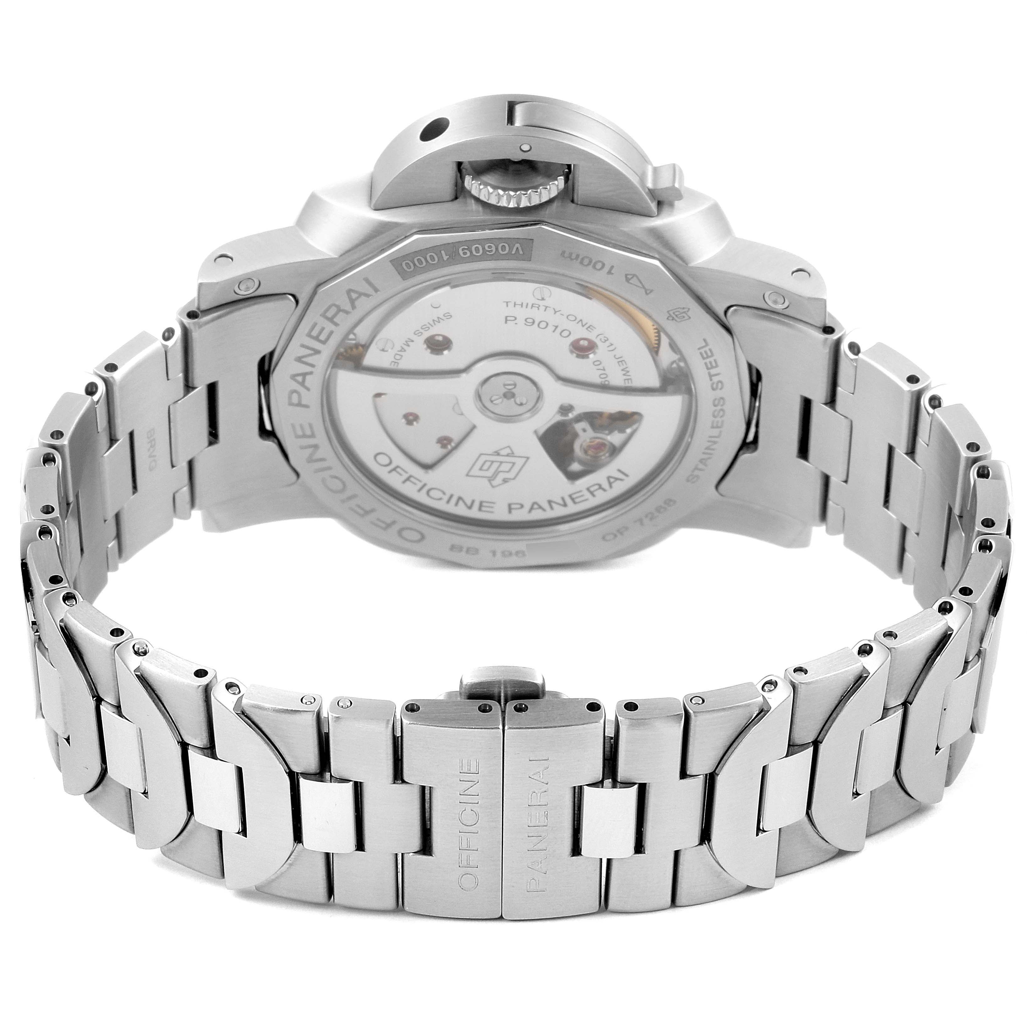 The image shows the backside of a Panerai Luminor PAM01028  Men's Stainless Steel Blue Dial PAM01028  Men's Stainless Steel Blue Dial watch, highlighting its stainless steel strap and transparent case back.