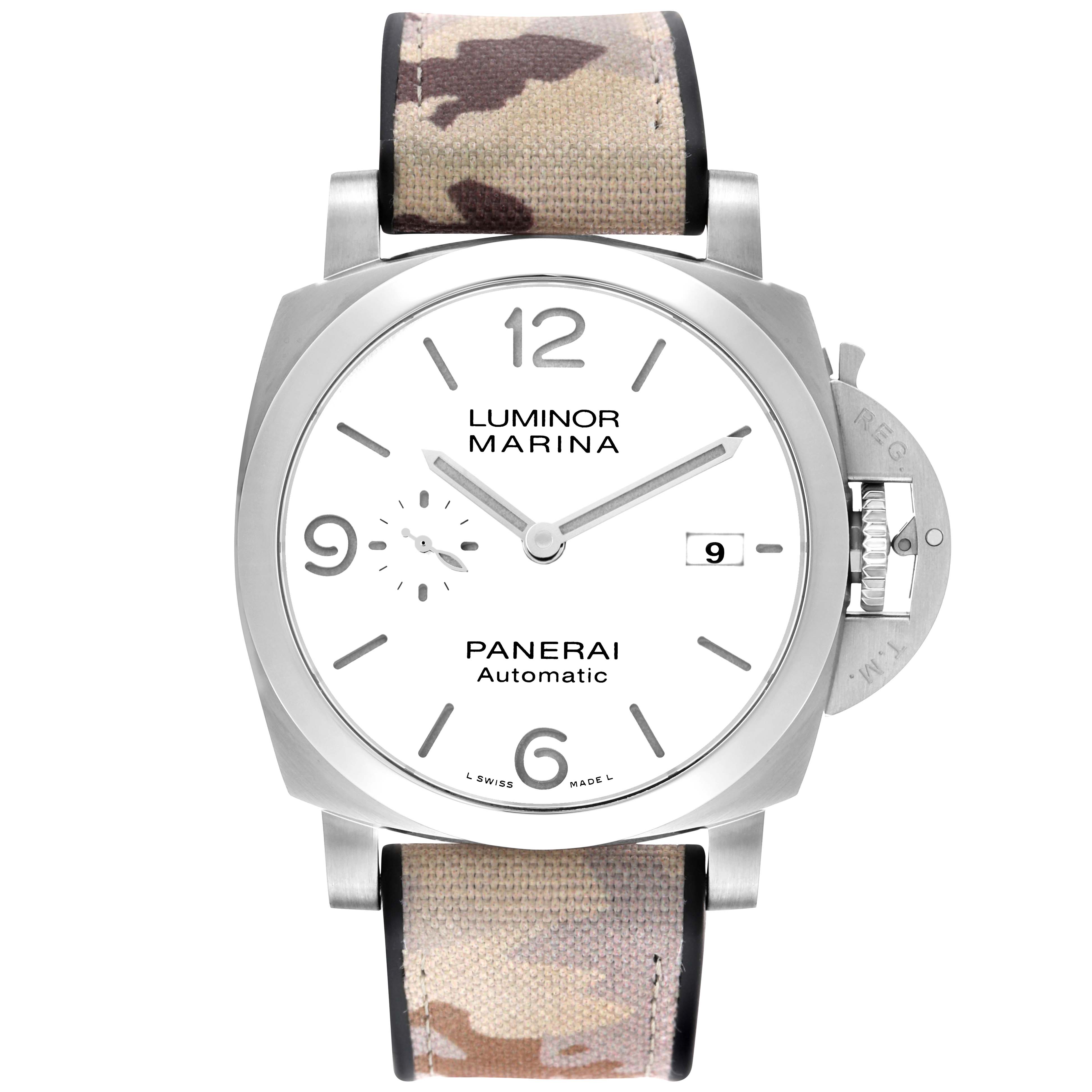 The Panerai Luminor PAM01314 Men's Stainless Steel White Dial watch is shown from a front view, highlighting the dial, camo strap, crown guard, and date window.