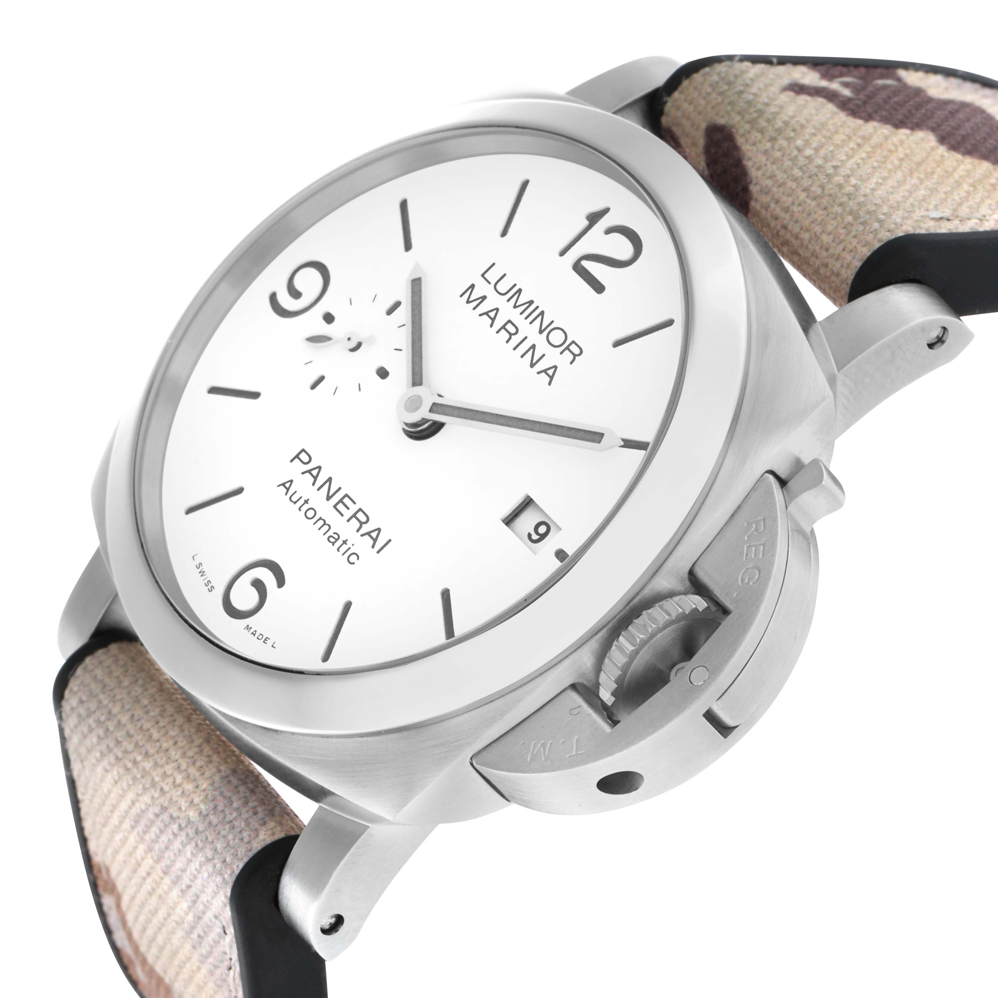 The Panerai Luminor PAM01314 Men's Stainless Steel White Dial model is shown at an angled view highlighting its crown guard, camo strap, and white dial.