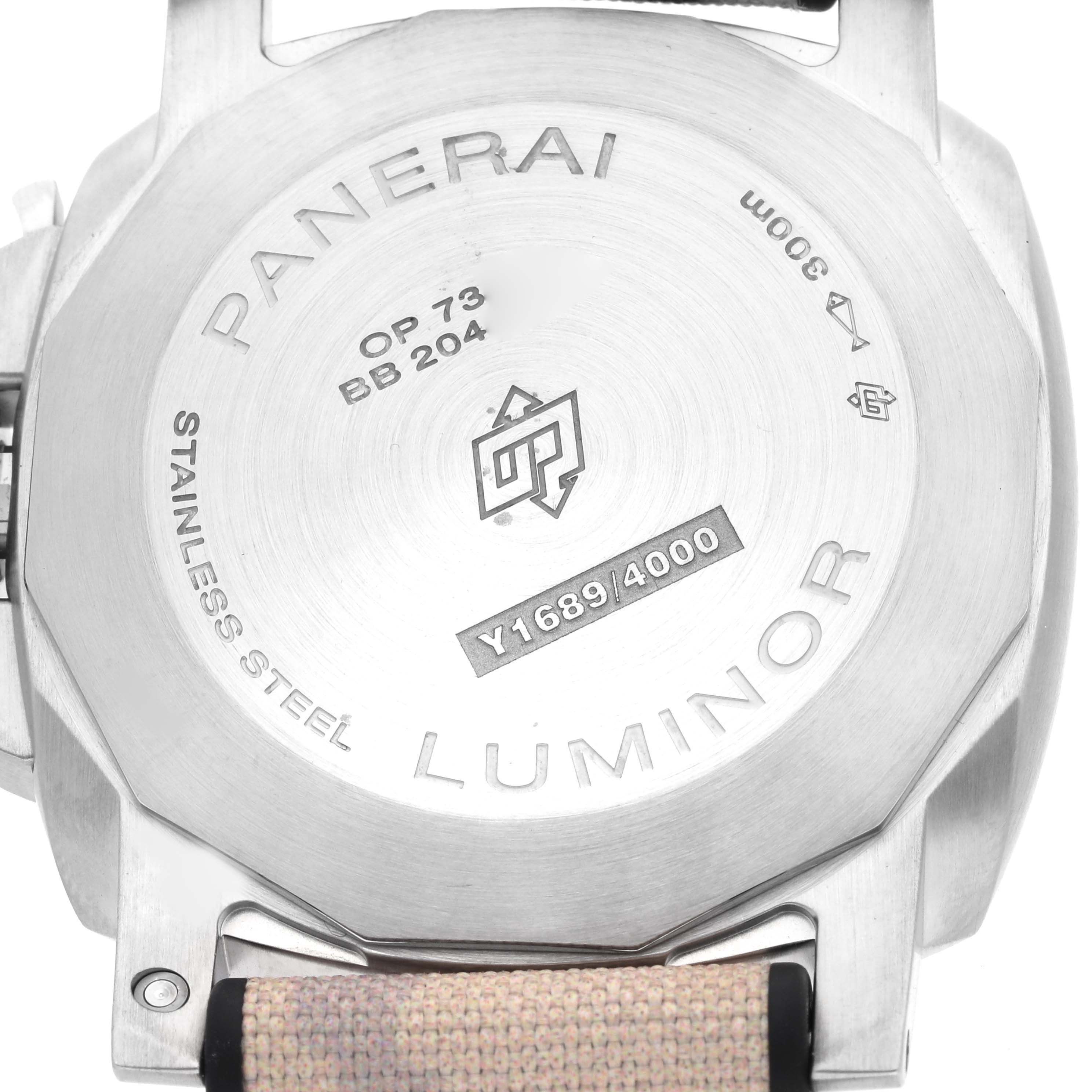 The image shows the back case of a Panerai Luminor PAM01314 Men's Stainless Steel White Dial watch, highlighting its stainless steel construction and engraving details.