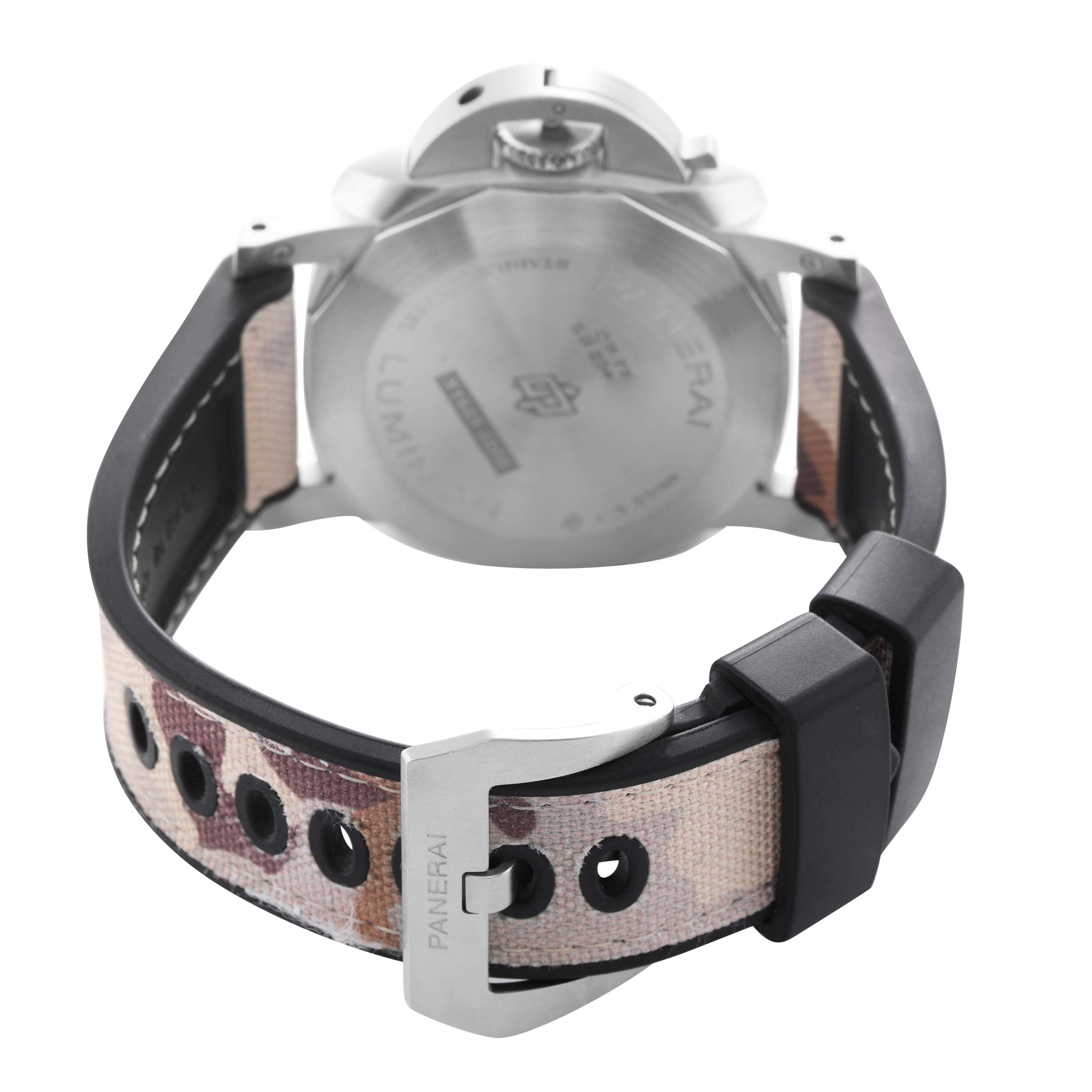 The image shows the back of a Panerai Luminor PAM01314 Men's Stainless Steel White Dial watch, highlighting the case back, buckle, and camouflage strap.