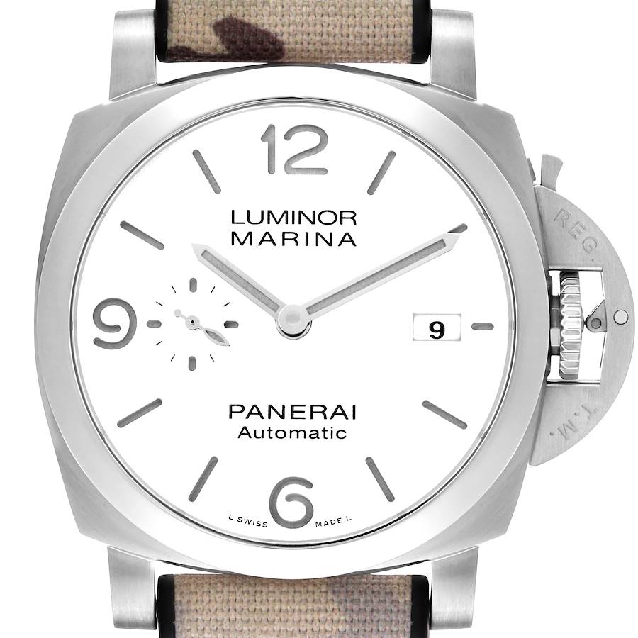 The Panerai Luminor PAM01314 Men's Stainless Steel White Dial watch is shown from a front angle, highlighting the dial, case, and crown guard.