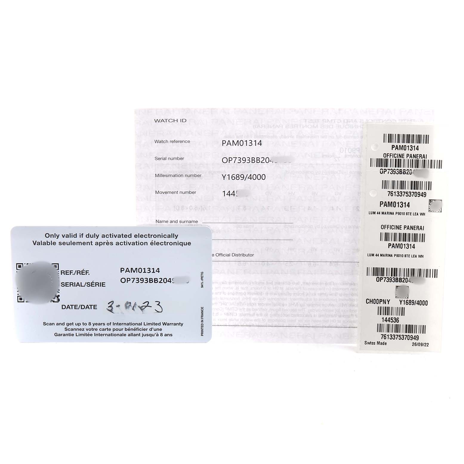 The image shows warranty cards and documents for a Panerai Luminor PAM01314 Men's Stainless Steel White Dial PAM01314 watch, including reference and serial numbers.