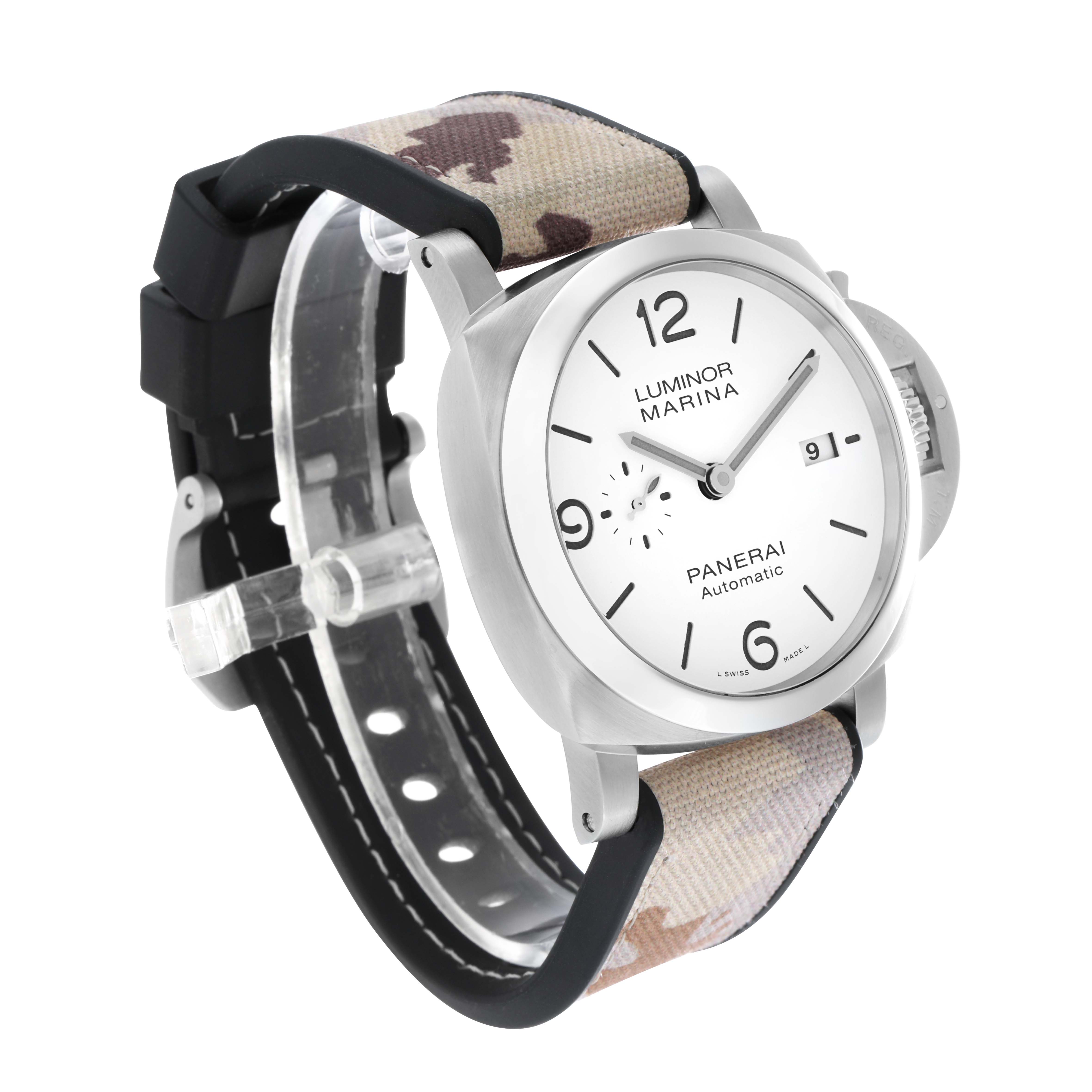 The Panerai Luminor PAM01314 Men's Stainless Steel White Dial watch is shown at a three-quarter angle, highlighting its dial, crown, and camo-style strap.