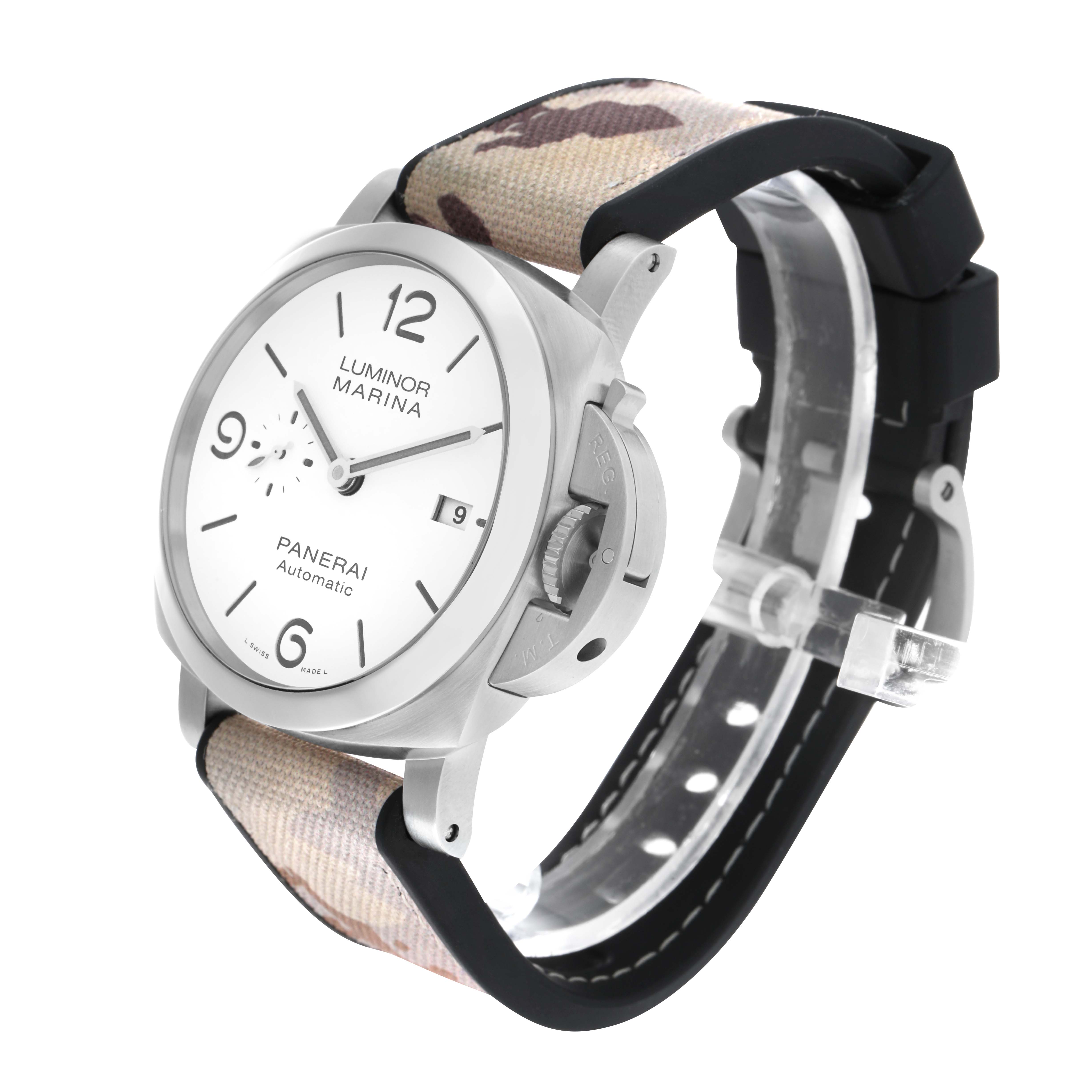 The Panerai Luminor PAM01314 Men's Stainless Steel White Dial watch is shown at an angled front view, highlighting its dial, crown guard, and camouflage strap.