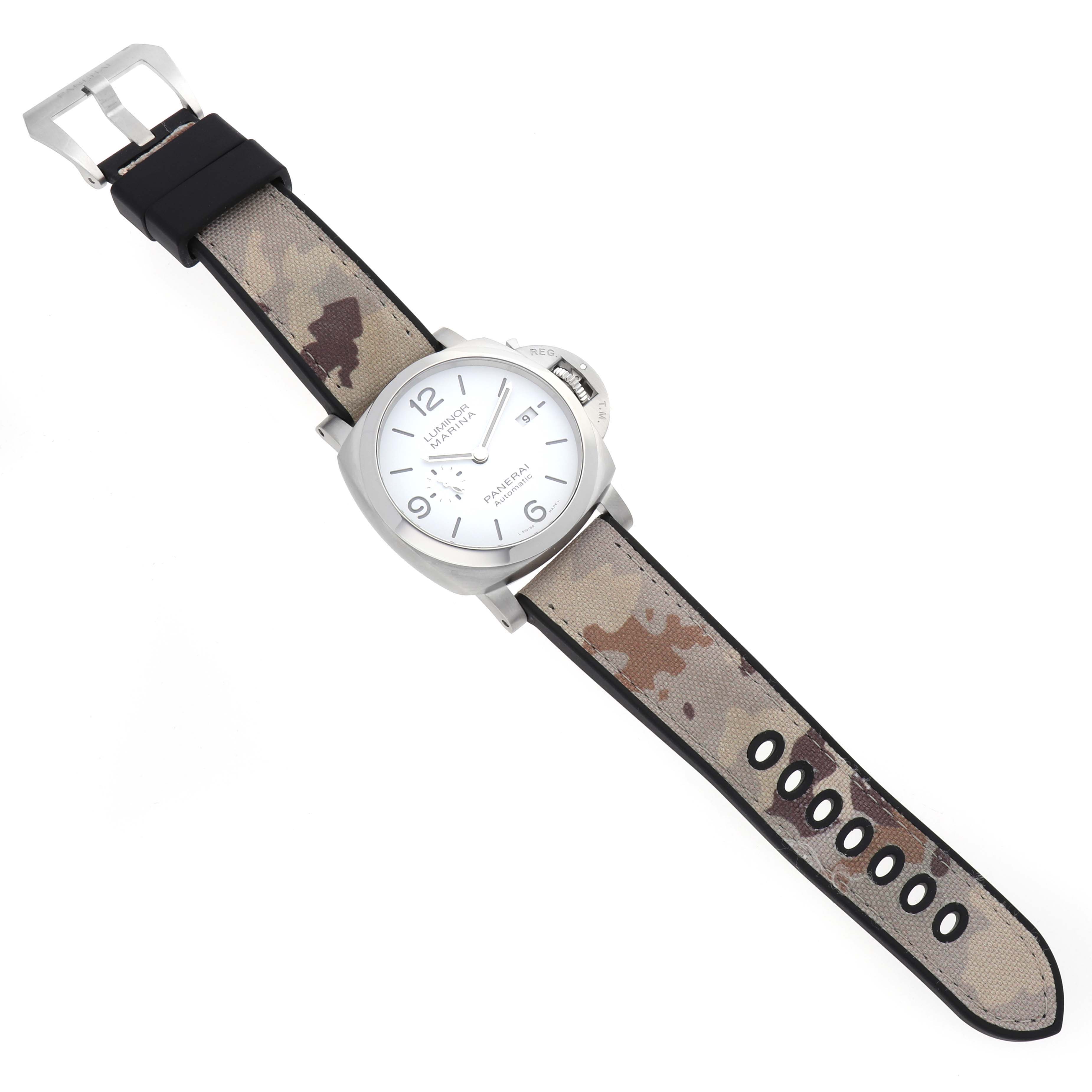 This Panerai Luminor PAM01314 Men's Stainless Steel White Dial watch is shown from a top-down angle, displaying the dial, crown guard, and camouflage strap.