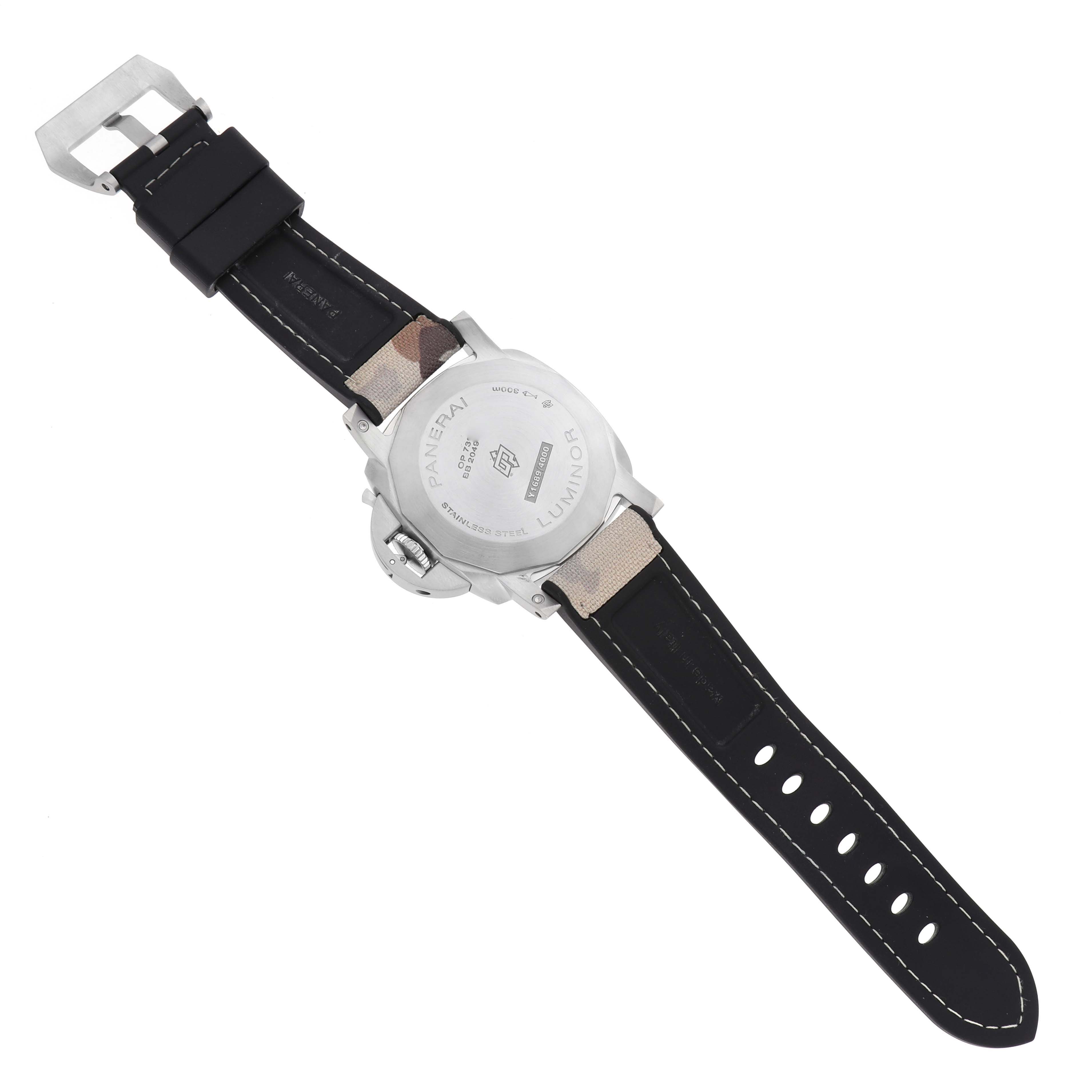 The image shows the back of a Panerai Luminor PAM01314 Men's Stainless Steel White Dial watch, highlighting the case back, crown guard, and leather strap with a buckle.