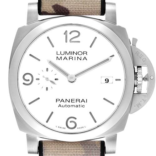 The Panerai Luminor PAM01314 Men's Stainless Steel White Dial watch is shown from a front angle, highlighting its dial, crown guard, and strap attachment.