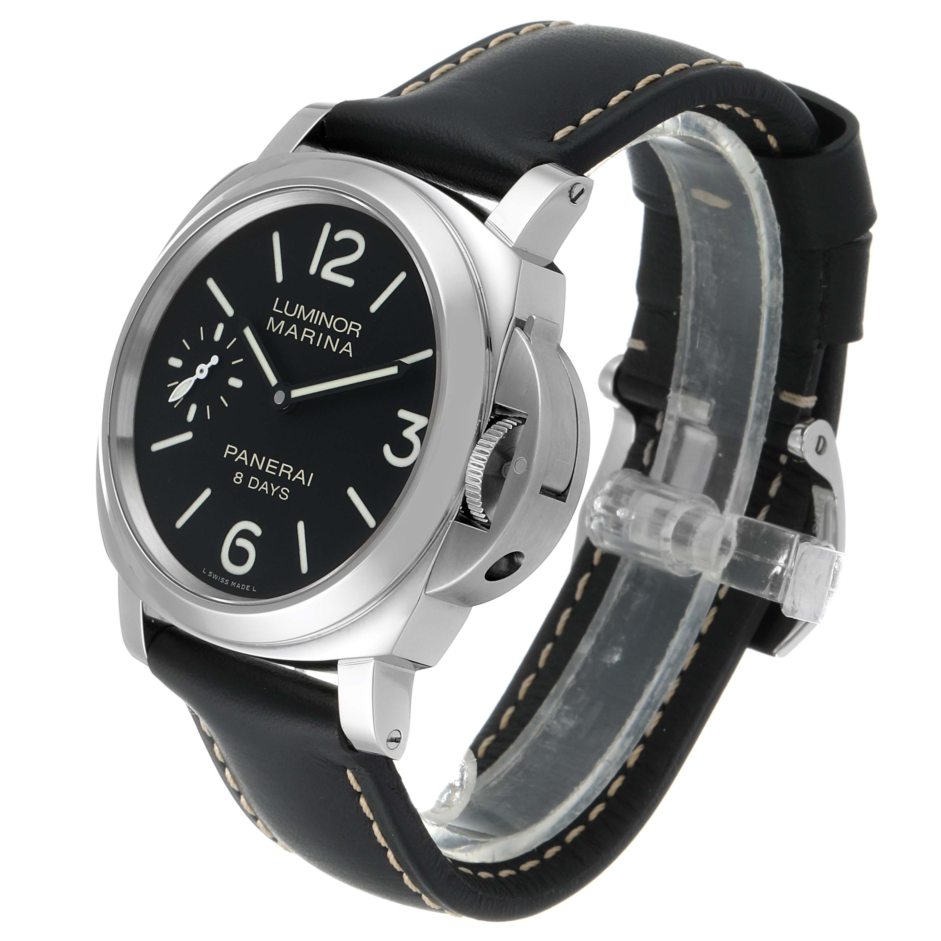 The Panerai Luminor PAM00510 Men
s Stainless Steel Black Dial PAM00510 Men
s Stainless Steel Black Dial Marina watch is shown at a slight front-side angle, highlighting the face, crown guard, and black leather strap.