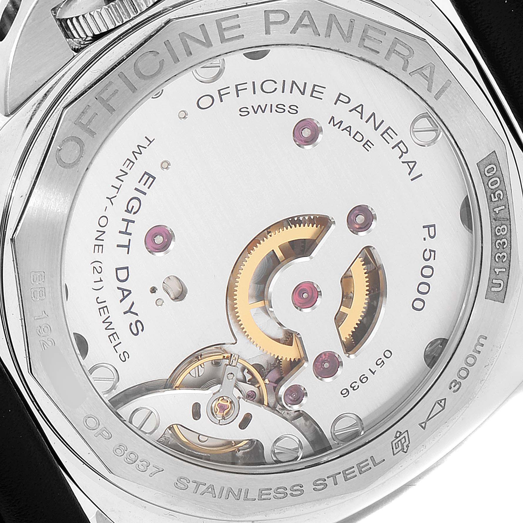 This image shows the transparent case back of a Panerai Luminor PAM00510 Men
s Stainless Steel Black Dial PAM00510 Men
s Stainless Steel Black Dial watch, revealing the movement and internals.