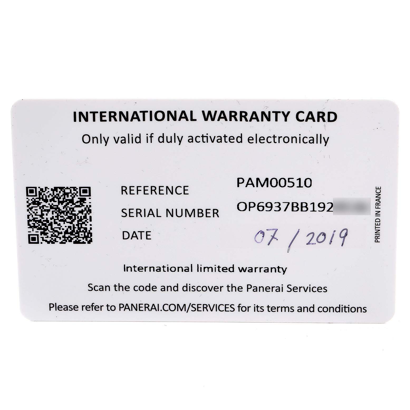 This image shows the front of the international warranty card for a Panerai Luminor PAM00510 Men
s Stainless Steel Black Dial PAM00510 Men
s Stainless Steel Black Dial model PAM00510 watch.
