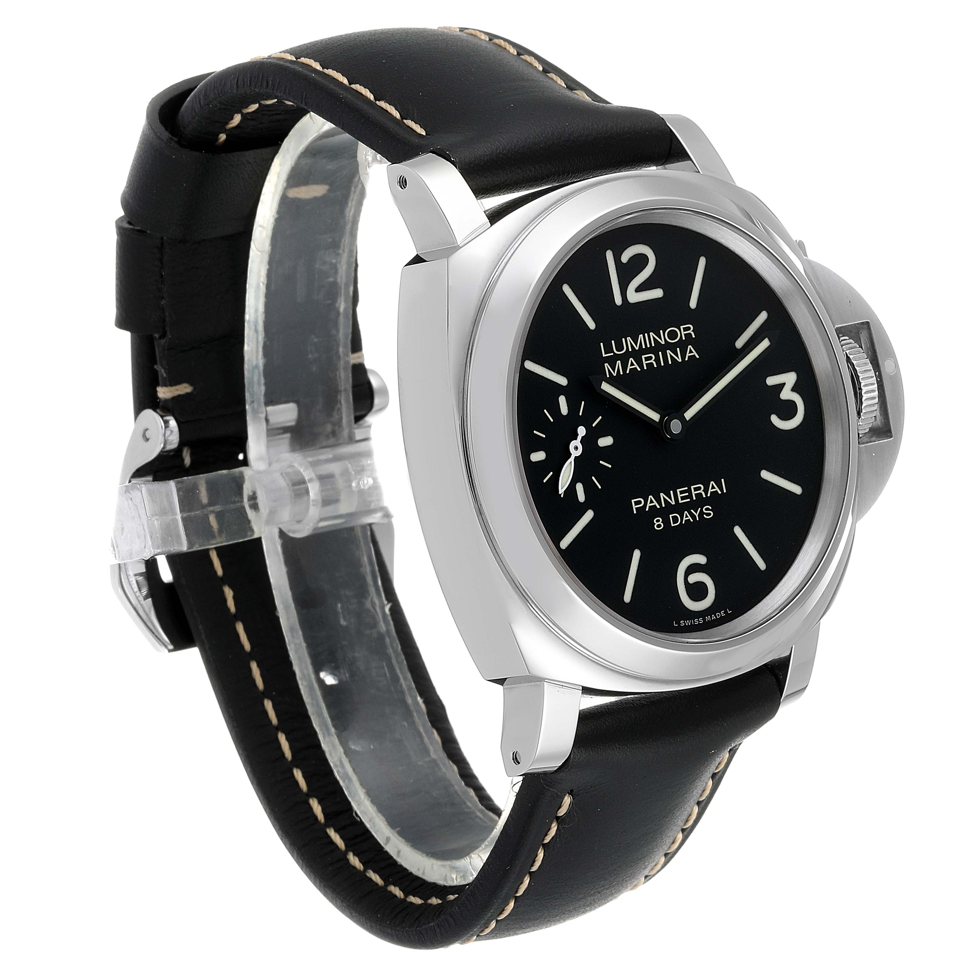 This image shows a Panerai Luminor PAM00510 Men
s Stainless Steel Black Dial PAM00510 Men
s Stainless Steel Black Dial watch at a slight angle, featuring its face, bezel, crown protection, and leather strap.