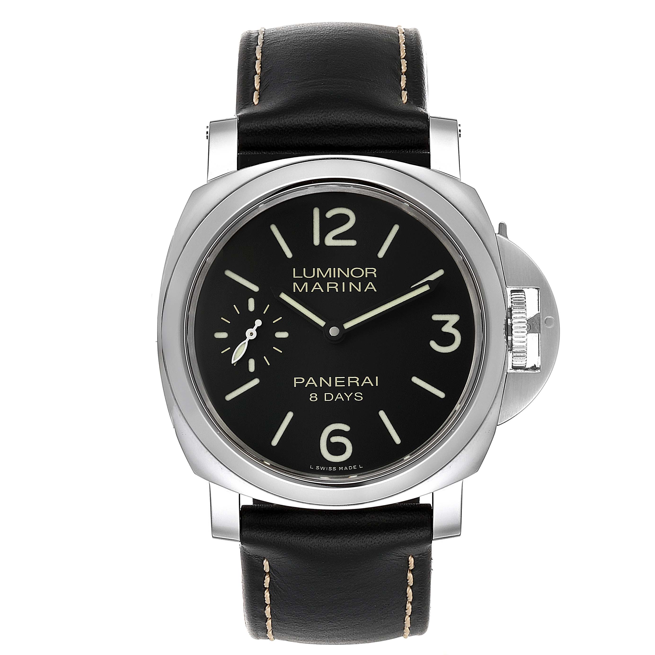 This image shows a front view of the Panerai Luminor PAM00510 Men
s Stainless Steel Black Dial PAM00510 Men
s Stainless Steel Black Dial Marina watch, displaying its black dial, leather strap, and crown guard.