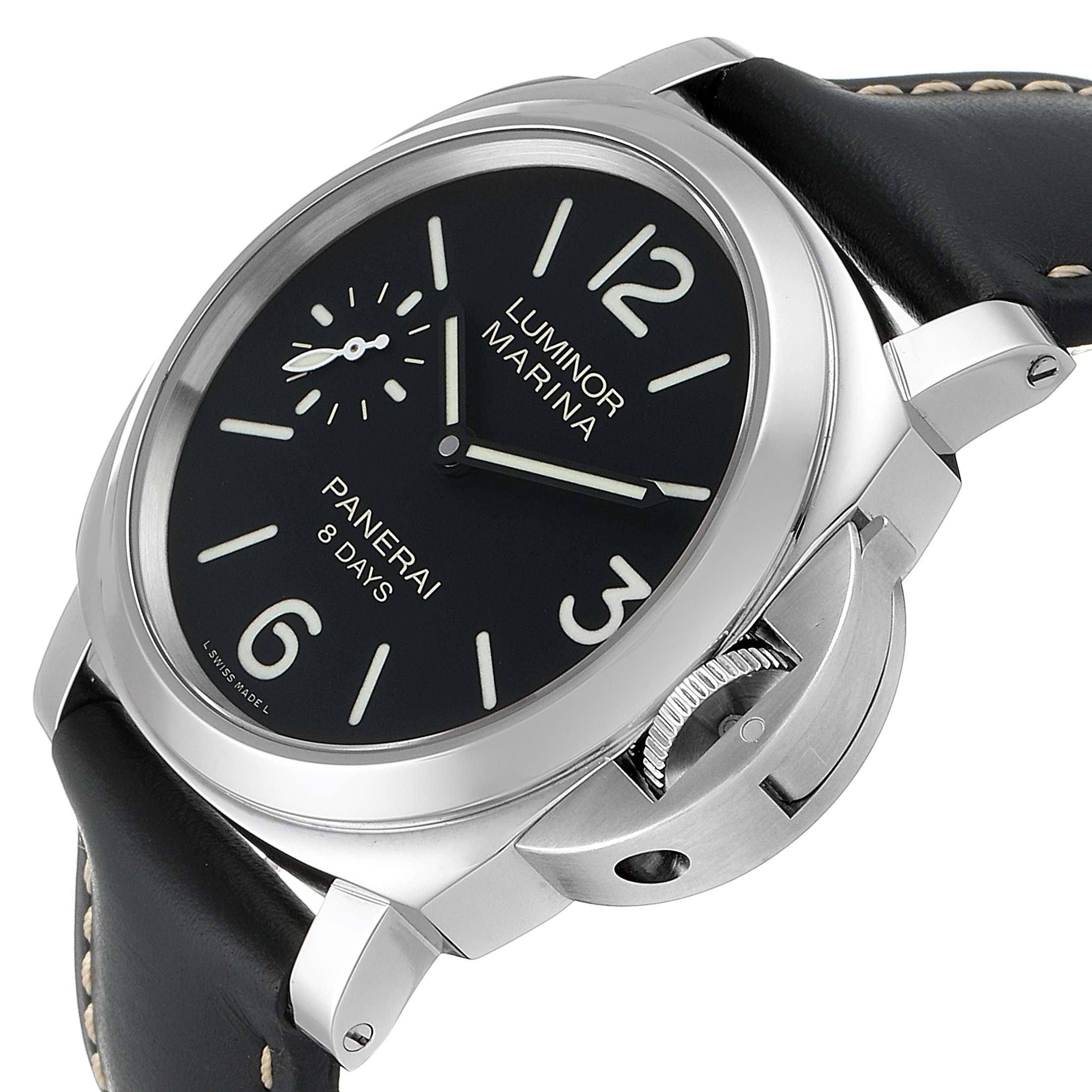 The Panerai Luminor PAM00510 Men
s Stainless Steel Black Dial PAM00510 Men
s Stainless Steel Black Dial model watch is shown at an angle displaying the dial, crown guard, and leather strap with stitching.