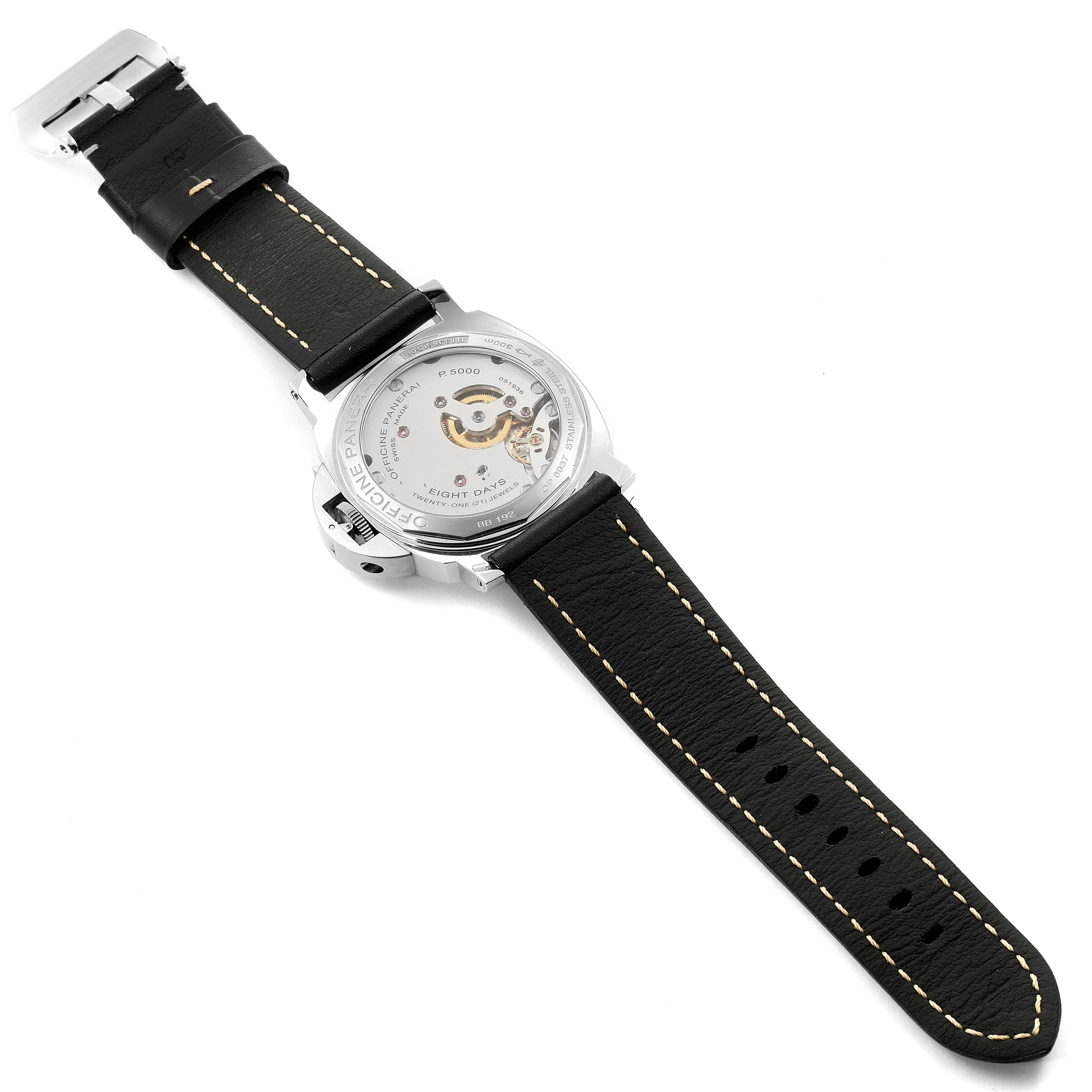 The image shows the back view of a Panerai Luminor PAM00510 Men
s Stainless Steel Black Dial PAM00510 Men
s Stainless Steel Black Dial watch, highlighting the movement and black leather strap.