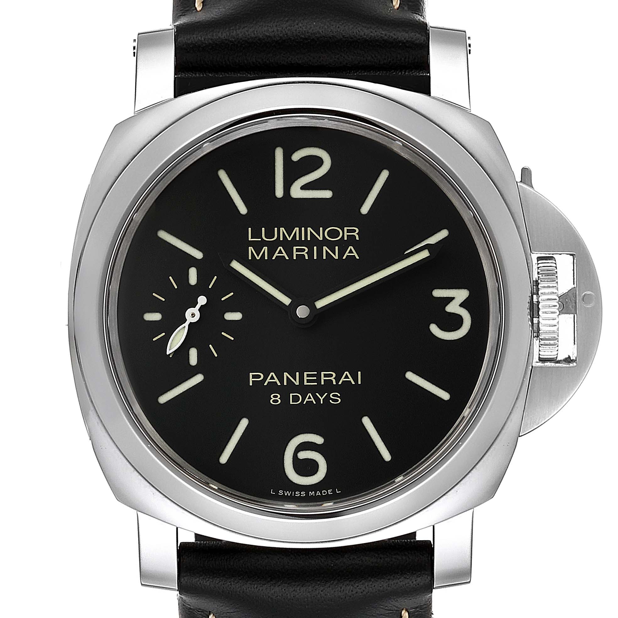 This Panerai Luminor PAM00510 Men
s Stainless Steel Black Dial PAM00510 Men
s Stainless Steel Black Dial Marina watch is shown from a front angle, highlighting its black dial, luminescent markers, and distinctive crown guard.