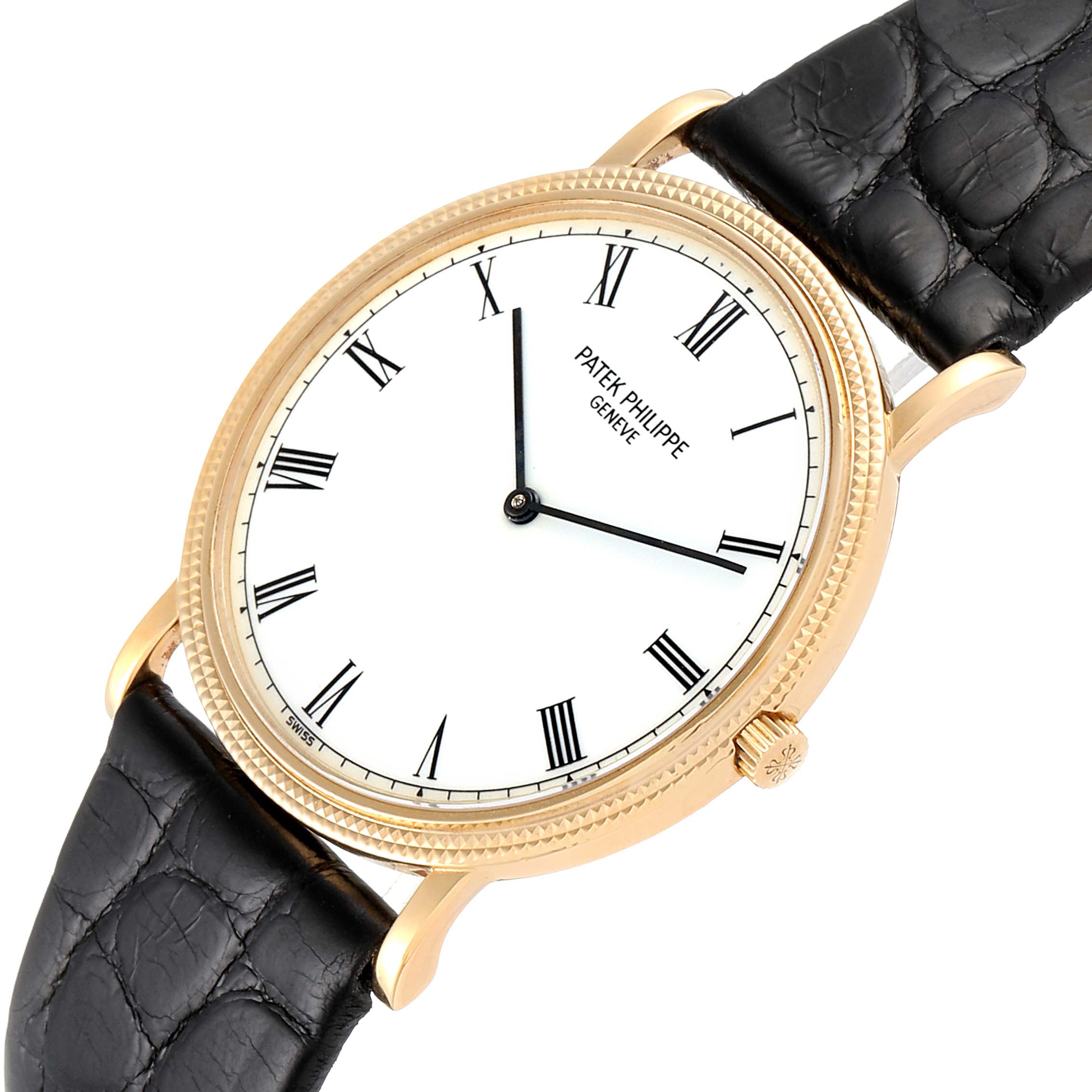 This image shows a close-up angle of the Patek Philippe Calatrava 3520 Men's Yellow Gold White Dial 3520 Men's Yellow Gold White Dial watch, highlighting its dial, hands, bezel, and strap attachment.