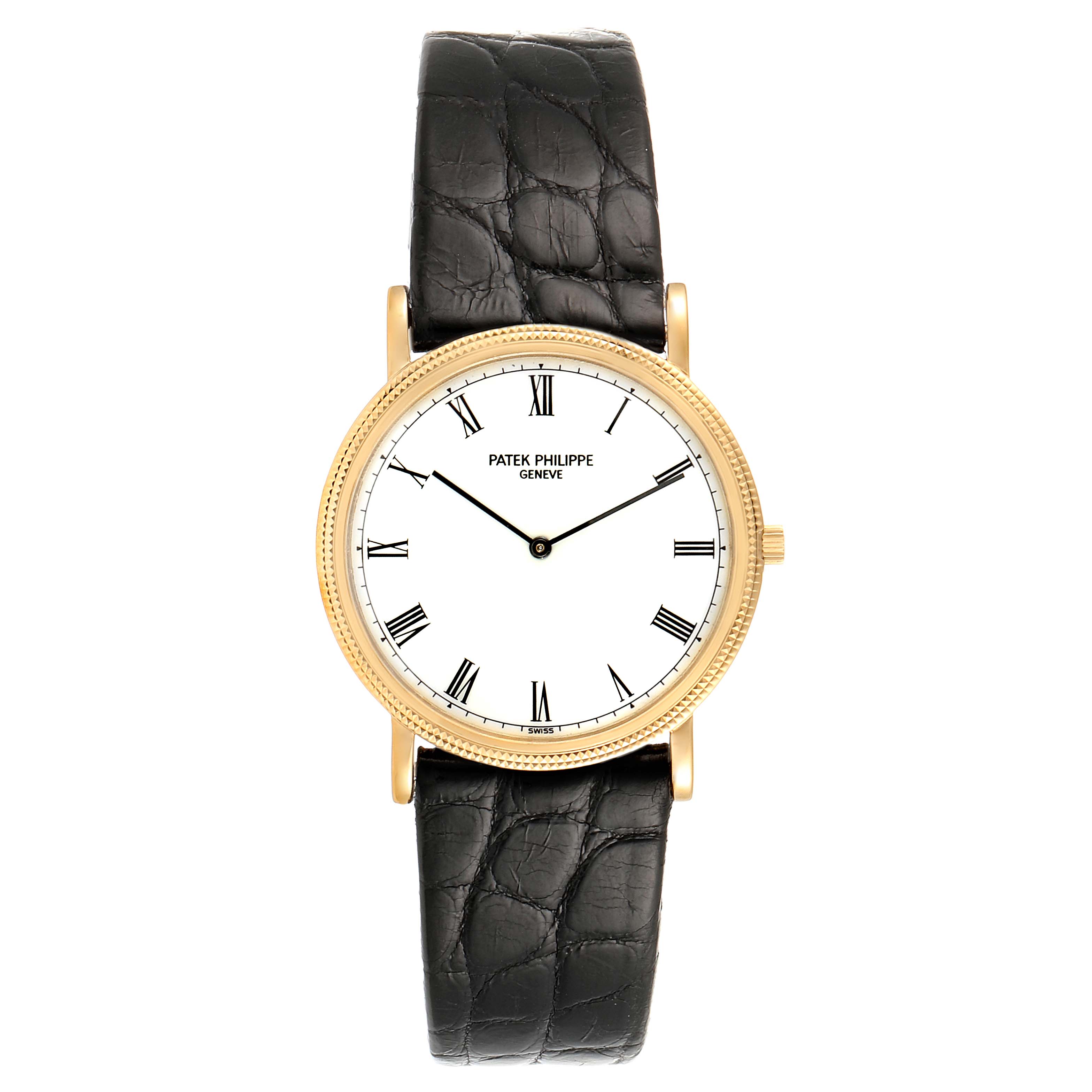 The image shows a Patek Philippe Calatrava 3520 Men's Yellow Gold White Dial 3520 Men's Yellow Gold White Dial watch from a front view, featuring a gold case, white dial with Roman numerals, and black leather strap.