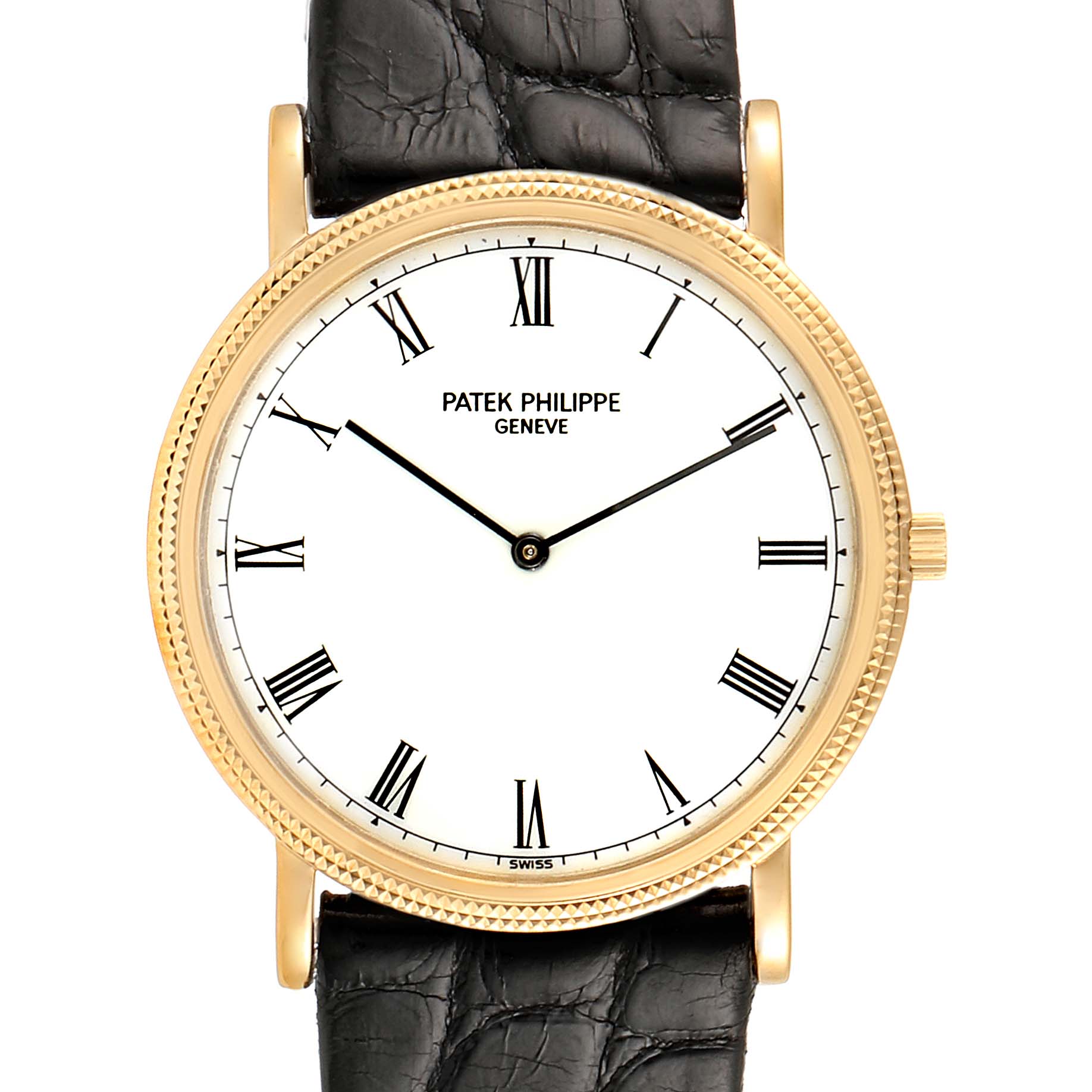 This image shows a front view of the Patek Philippe Calatrava 3520 Men's Yellow Gold White Dial 3520 Men's Yellow Gold White Dial watch, highlighting the dial, case, and strap.