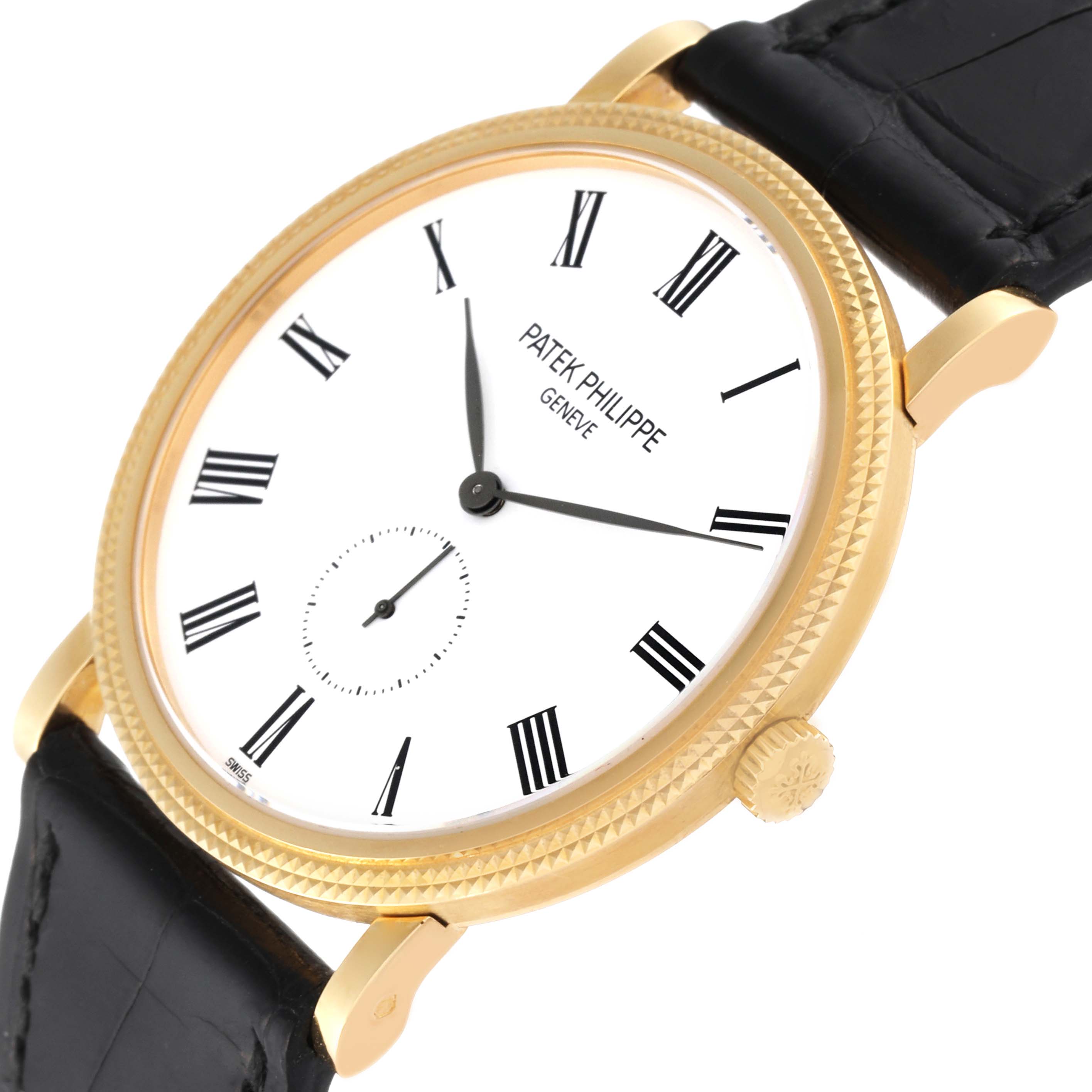 The Patek Philippe Calatrava 5119J Men
s Yellow Gold White Dial 5119J Men
s Yellow Gold White Dial watch is shown from a slightly angled side view, highlighting the Roman numeral dial and crown.