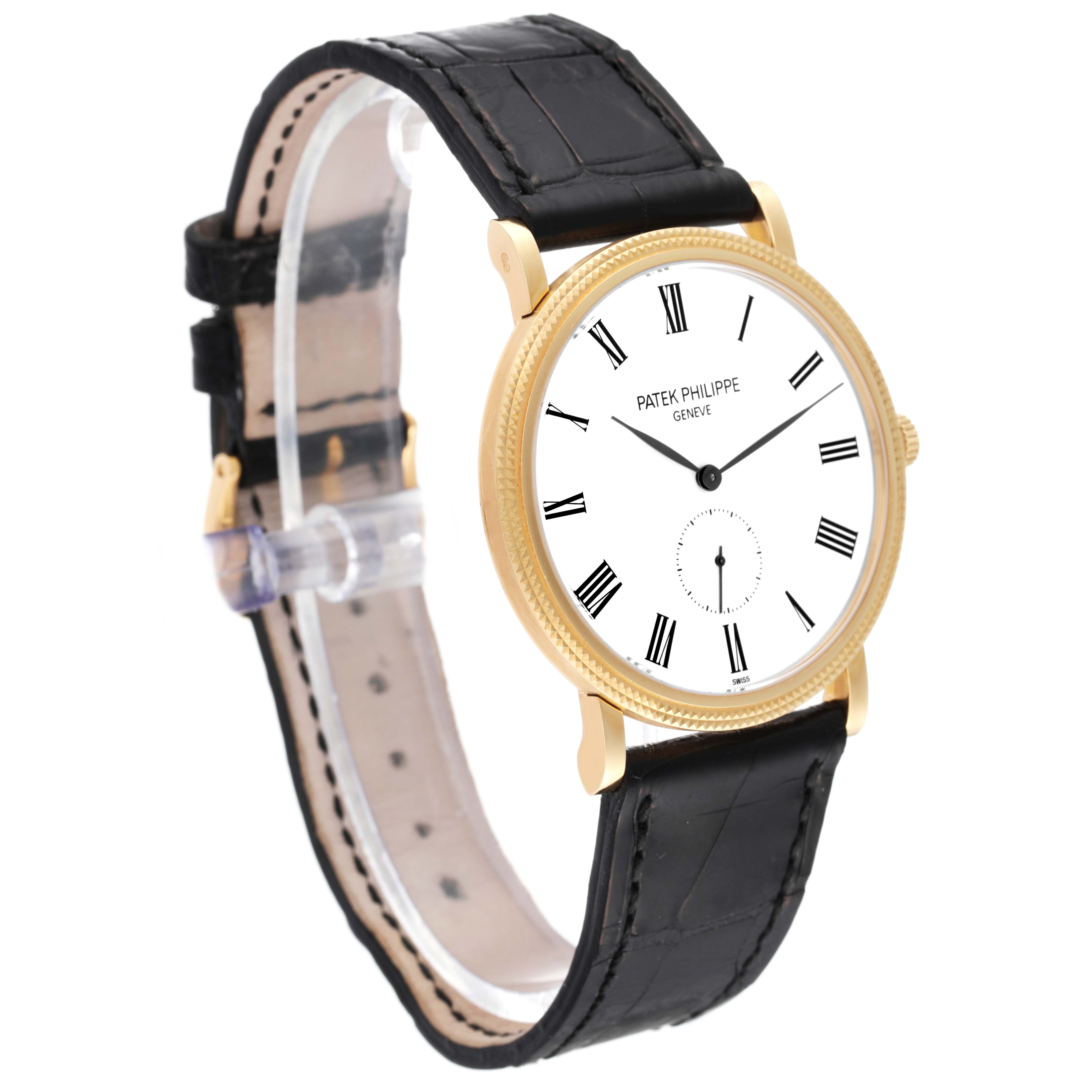 The image shows a Patek Philippe Calatrava 5119J Men
s Yellow Gold White Dial 5119J Men
s Yellow Gold White Dial watch at a three-quarter angle, highlighting its face, leather strap, and side crown.