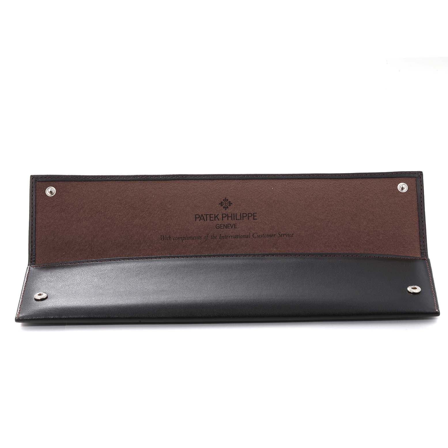 The image shows an open leather watch case for the Patek Philippe Calatrava 5119J Men
s Yellow Gold White Dial 5119J Men
s Yellow Gold White Dial model.