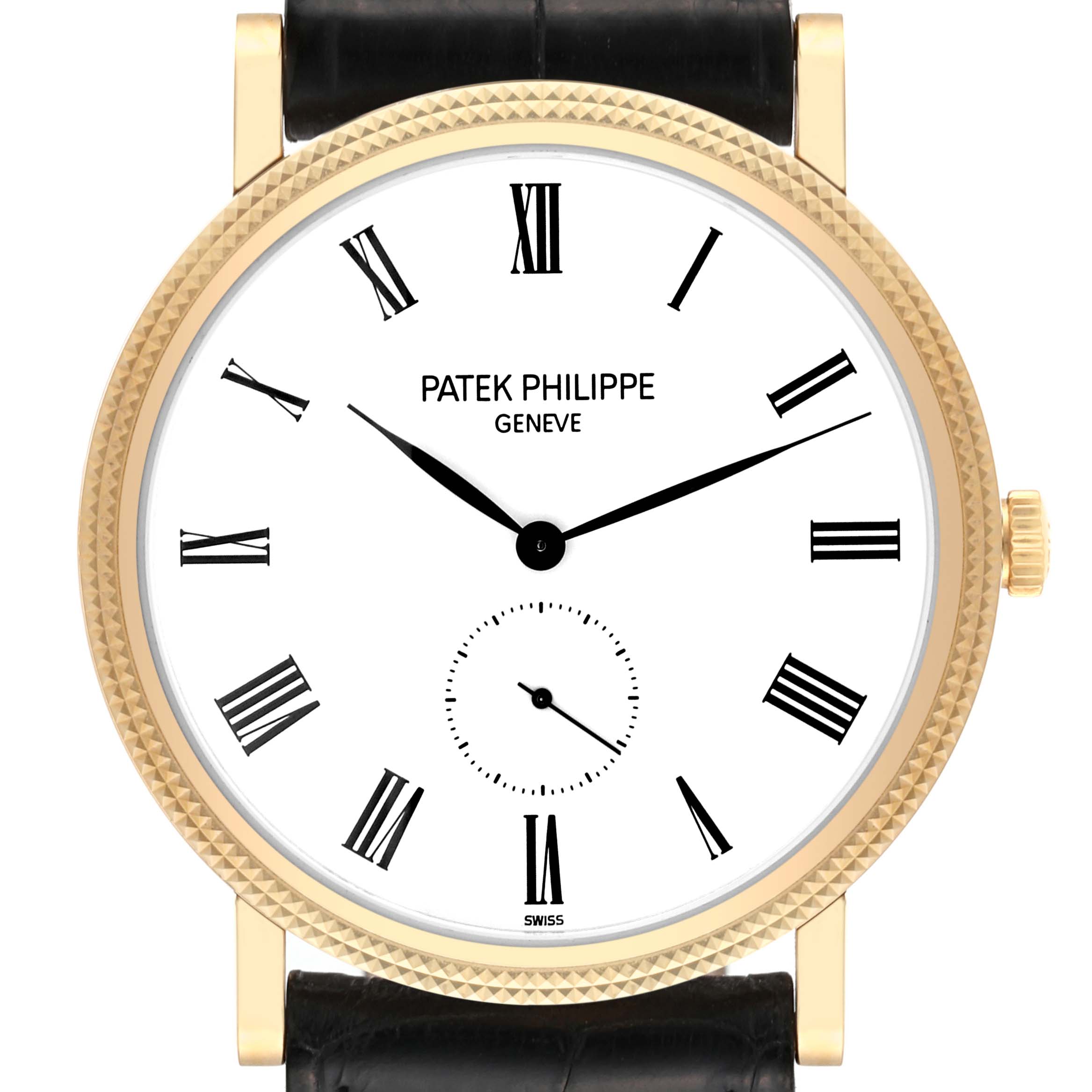 This image shows a frontal view of a Calatrava model by Patek Philippe, highlighting its dial, Roman numerals, hands, and crown.