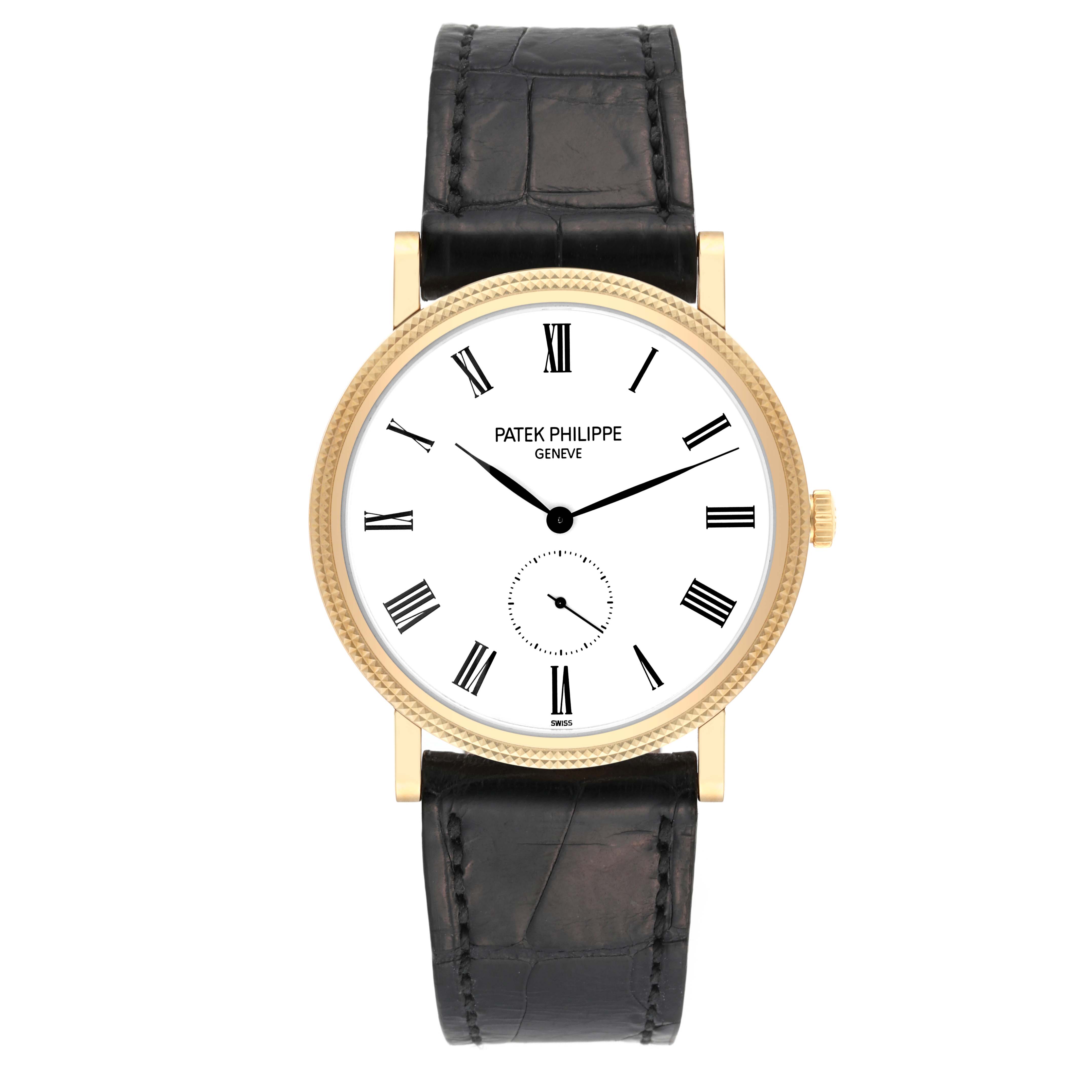 The image shows a front view of the Patek Philippe Calatrava 5119J Men
s Yellow Gold White Dial 5119J Men
s Yellow Gold White Dial watch with a gold bezel and a black leather strap.
