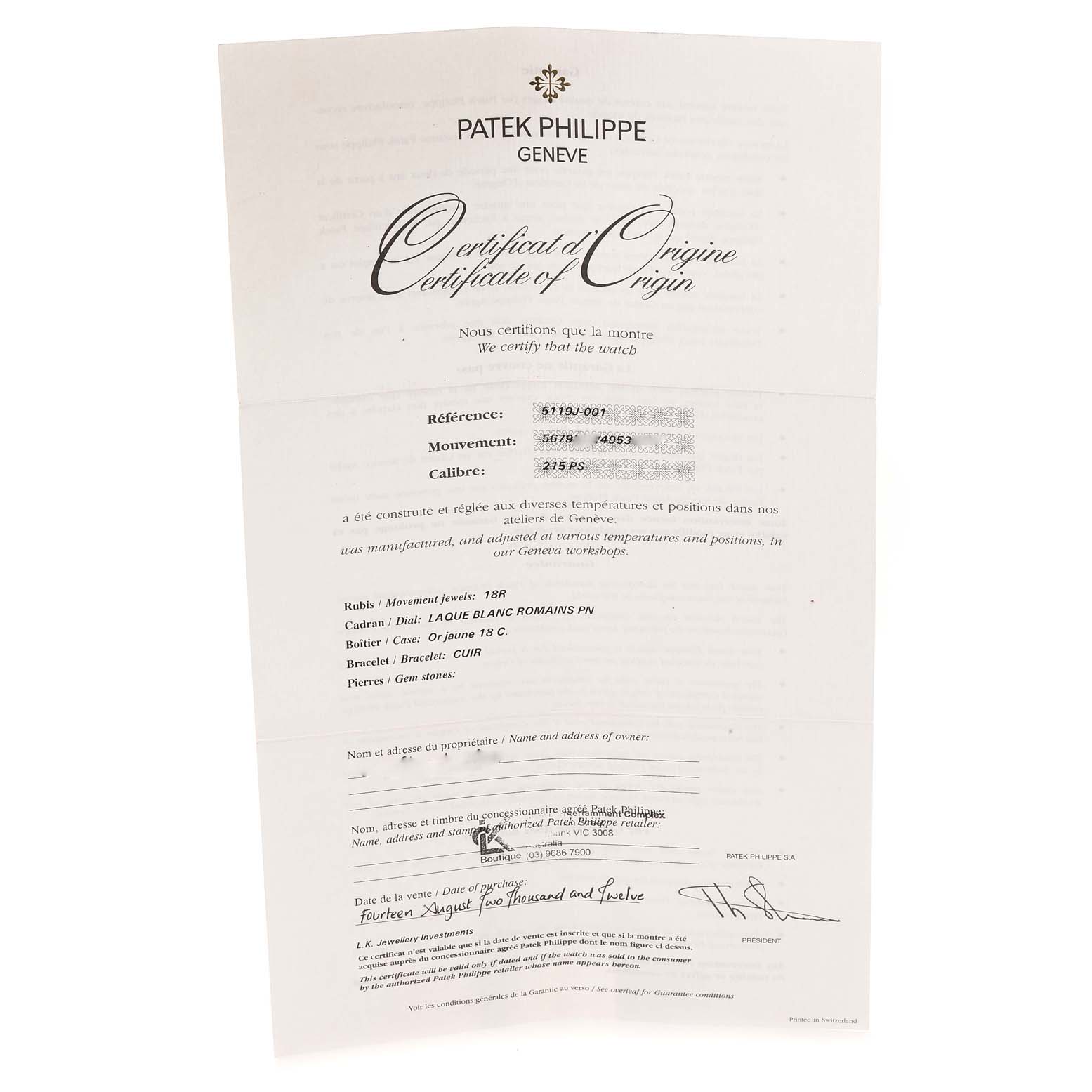 This image shows the Certificate of Origin for a Patek Philippe Calatrava 5119J Men's Yellow Gold White Dial 5119J Men's Yellow Gold White Dial model watch.