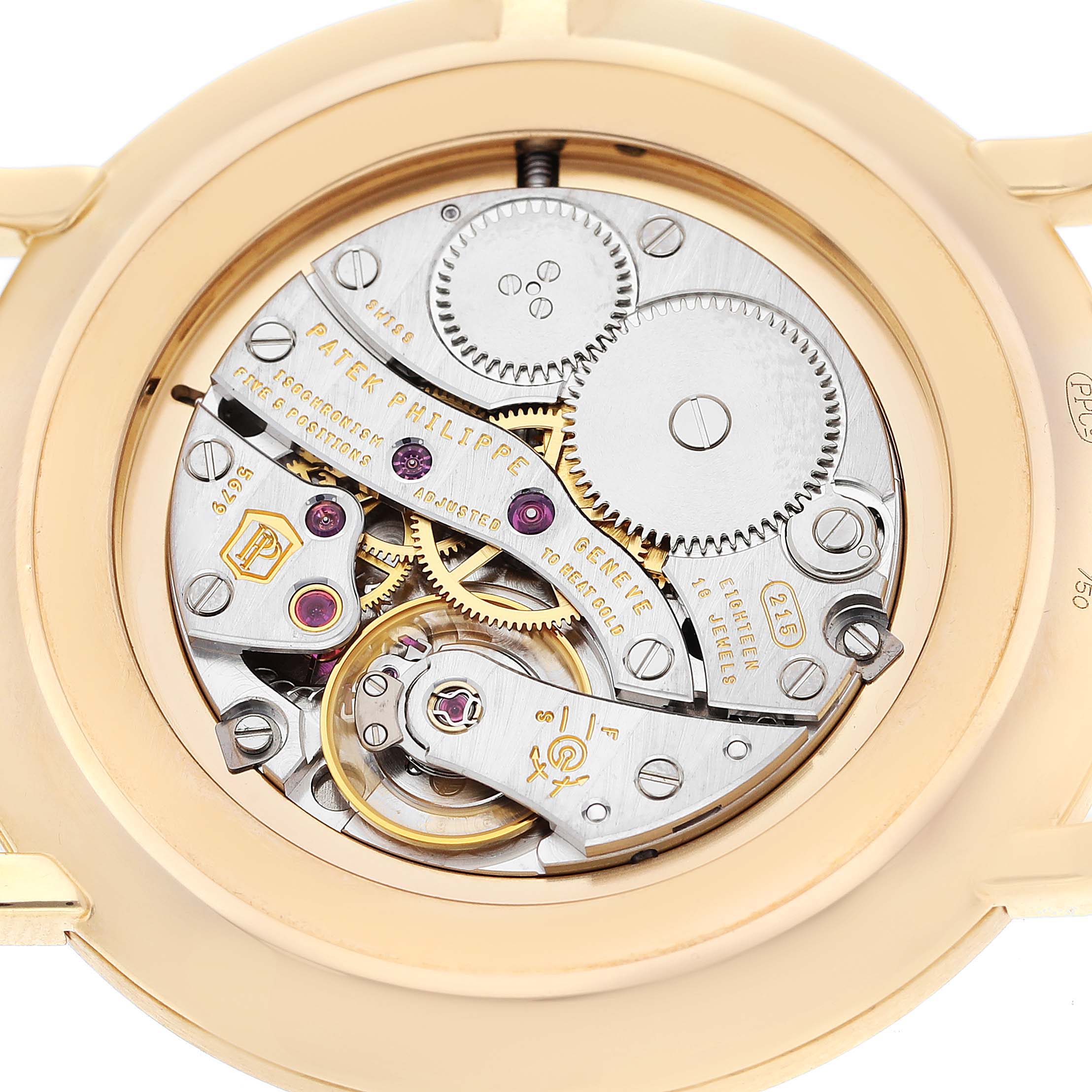 The image shows the back view of the Patek Philippe Calatrava 5119J Men's Yellow Gold White Dial 5119J Men's Yellow Gold White Dial watch, highlighting its mechanical movement and internal components.