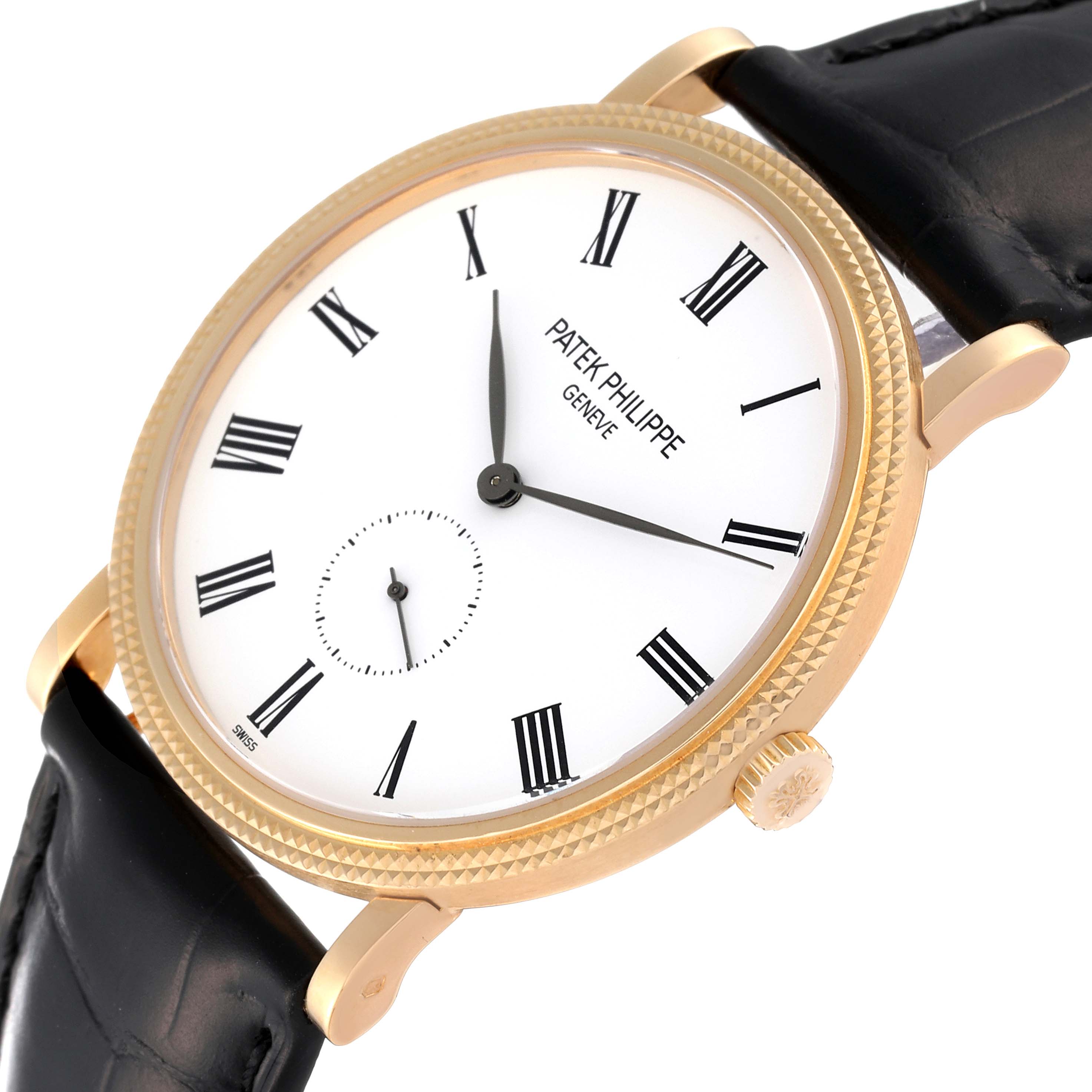 The image shows a Patek Philippe Calatrava 5119J Men's Yellow Gold White Dial 5119J Men's Yellow Gold White Dial watch at a slight angle, displaying its face, crown, and part of the leather strap.
