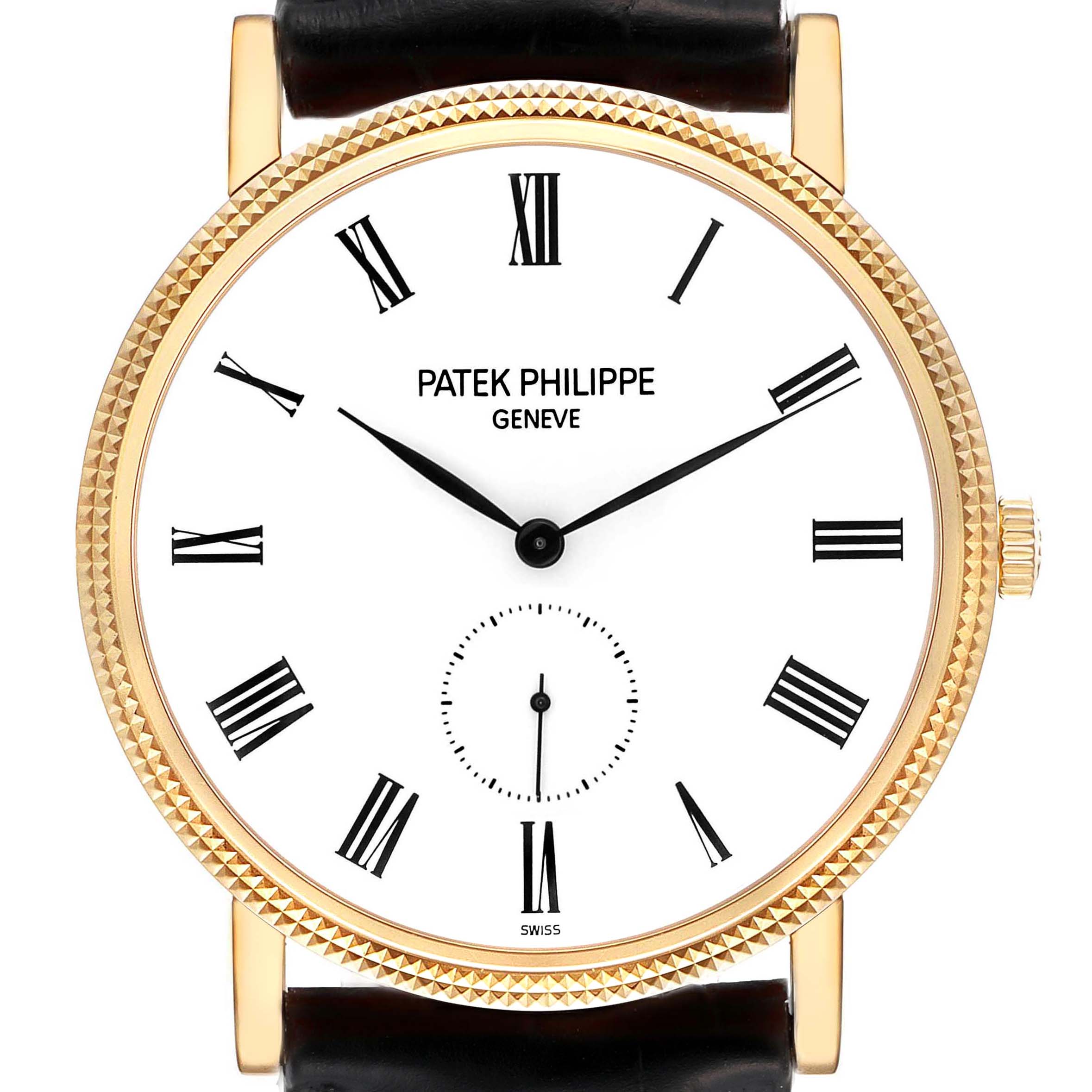The image shows a front view of a Patek Philippe Calatrava 5119J Men's Yellow Gold White Dial 5119J Men's Yellow Gold White Dial watch, displaying its dial, hands, and Roman numeral markers.