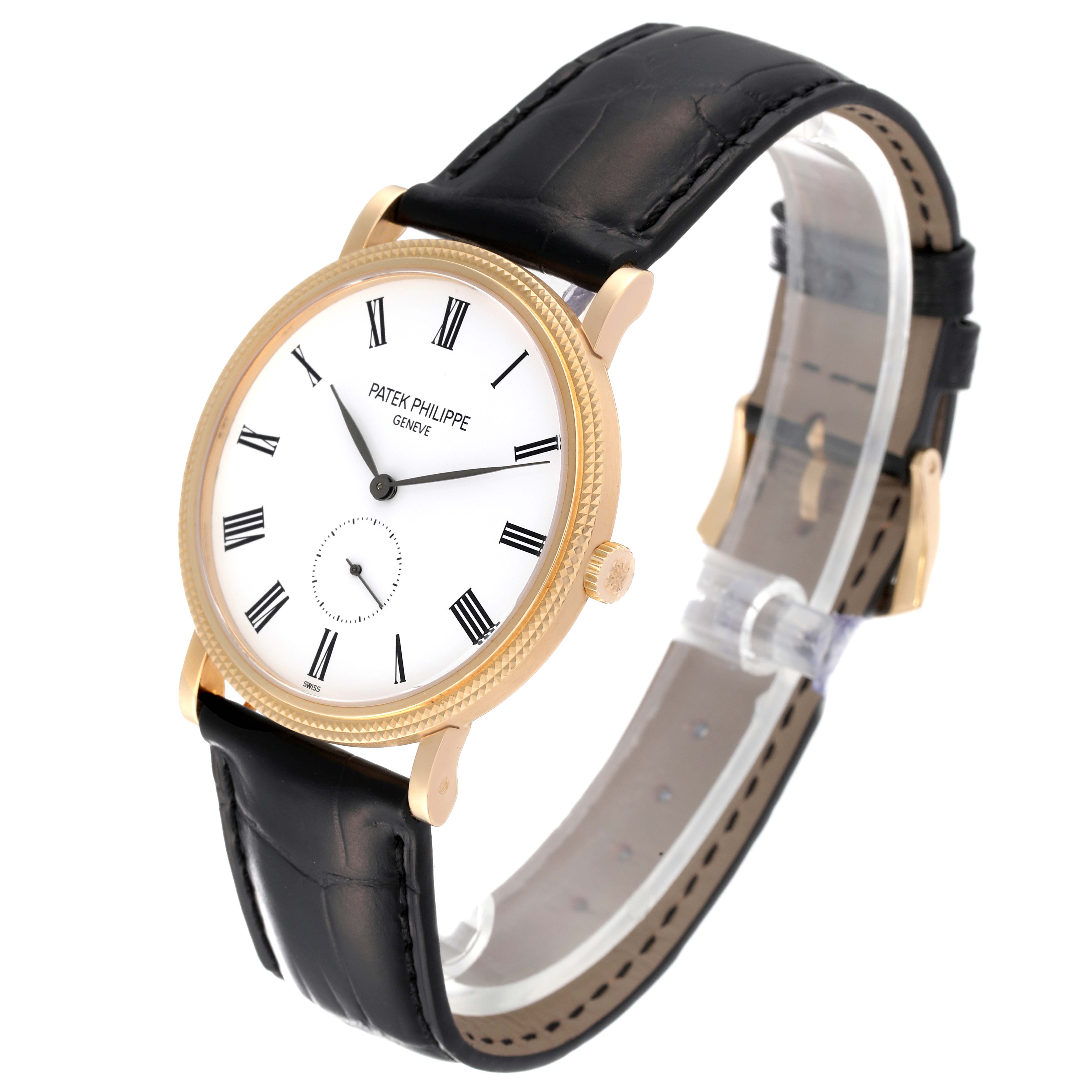 This Patek Philippe Calatrava 5119J Men's Yellow Gold White Dial 5119J Men's Yellow Gold White Dial model watch is shown at a three-quarter angle, displaying the face, case, and strap.